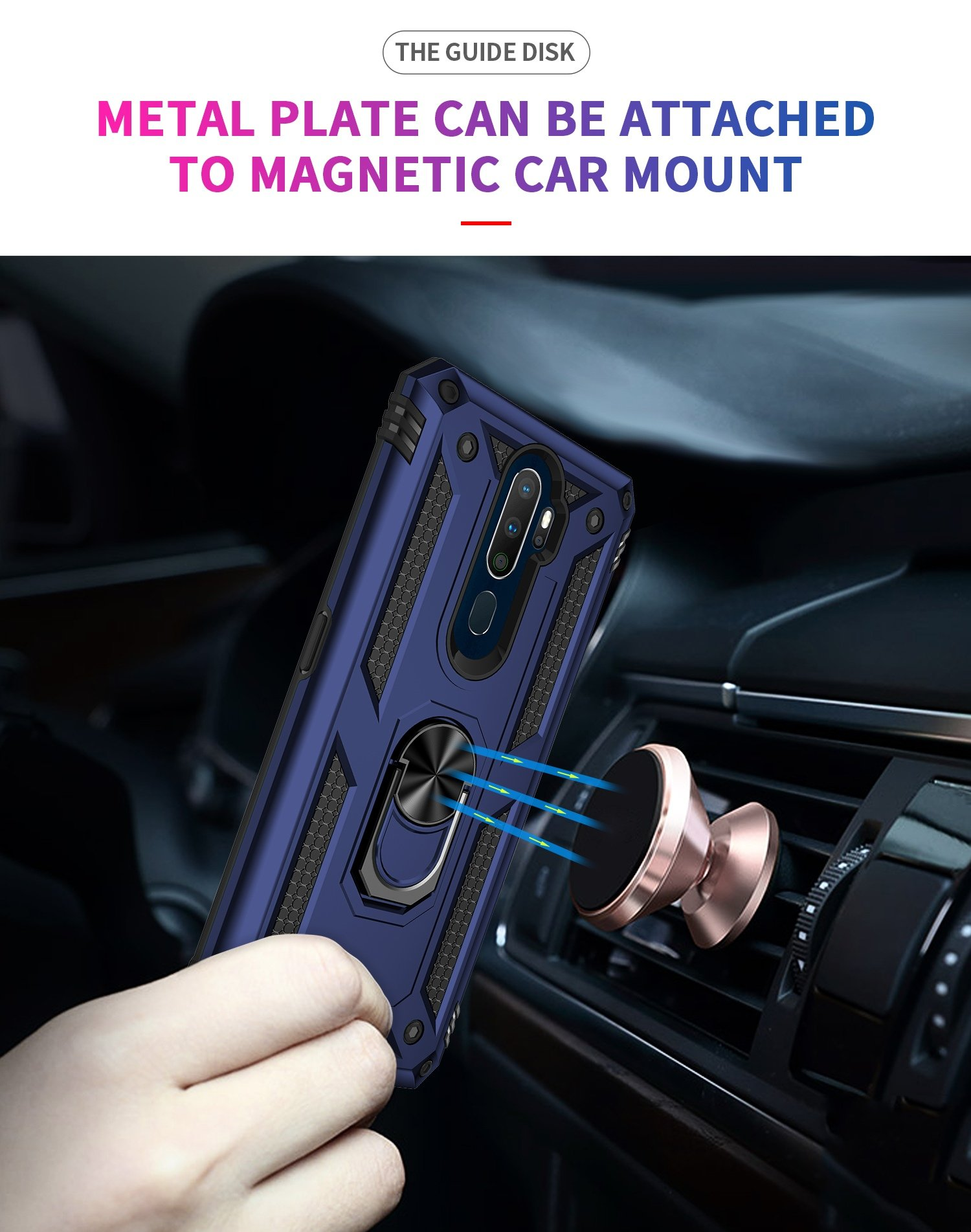 Funda azul para teléfono sujeta a un soporte para coche. La funda tiene un anillo.