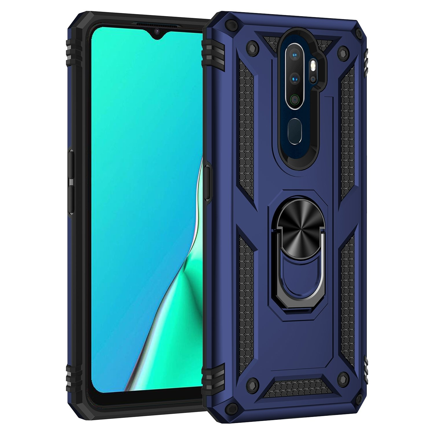 Funda de teléfono azul con soporte de anillo y teléfono. Diseño azul oscuro y negro. Fondo blanco.