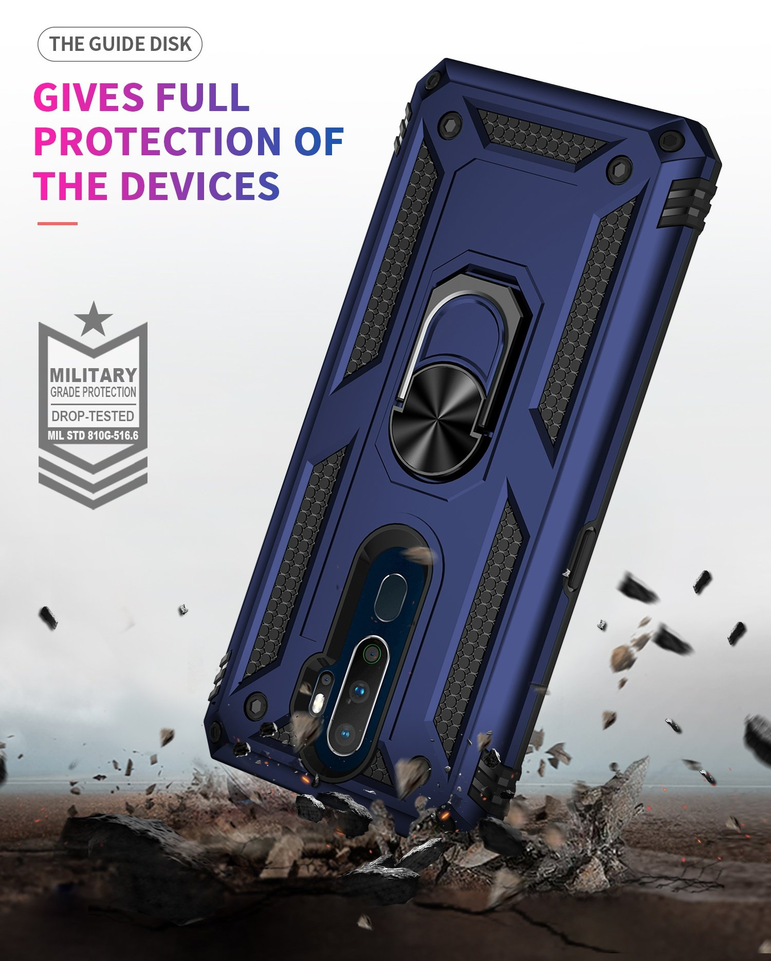Funda azul de teléfono en el suelo, texto: da protección completa, grado militar.