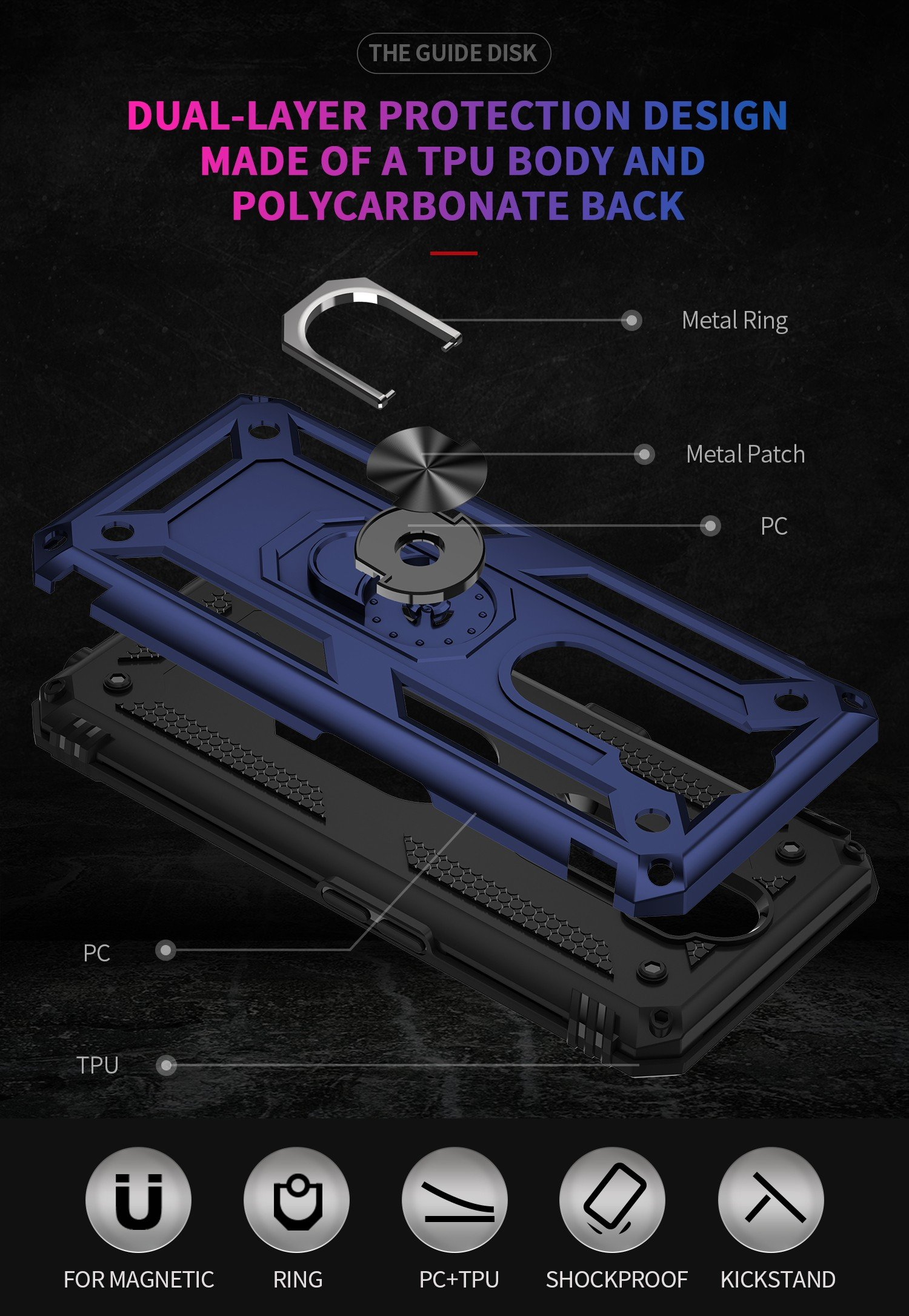 Diagrama de una funda protectora de teléfono. Muestra capas, anillo metálico y componentes.