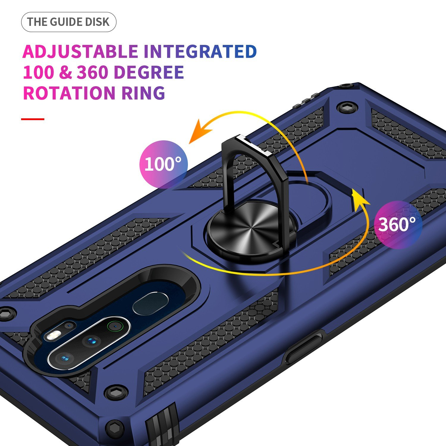 Una funda de teléfono azul con un anillo ajustable. El anillo gira 100 y 360 grados. Tiene un diseño texturizado.