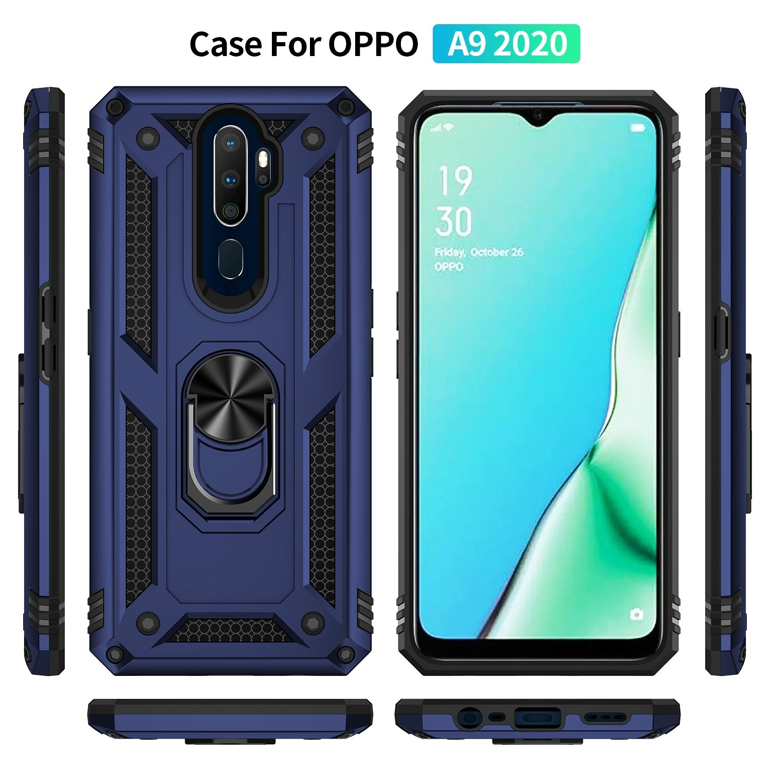 Funda azul para teléfono con soporte de anillo para un Oppo A9 2020. Se muestran múltiples vistas de la funda.