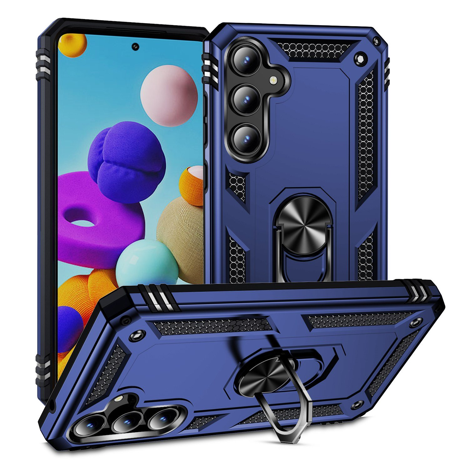 Fundas azules para teléfono con teléfono dentro, soportes de anillo y diseño texturizado.