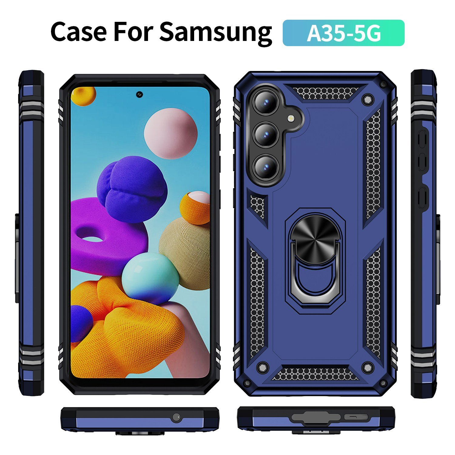 Funda azul para teléfono con anillo y teléfono dentro, para Samsung A35-5G.