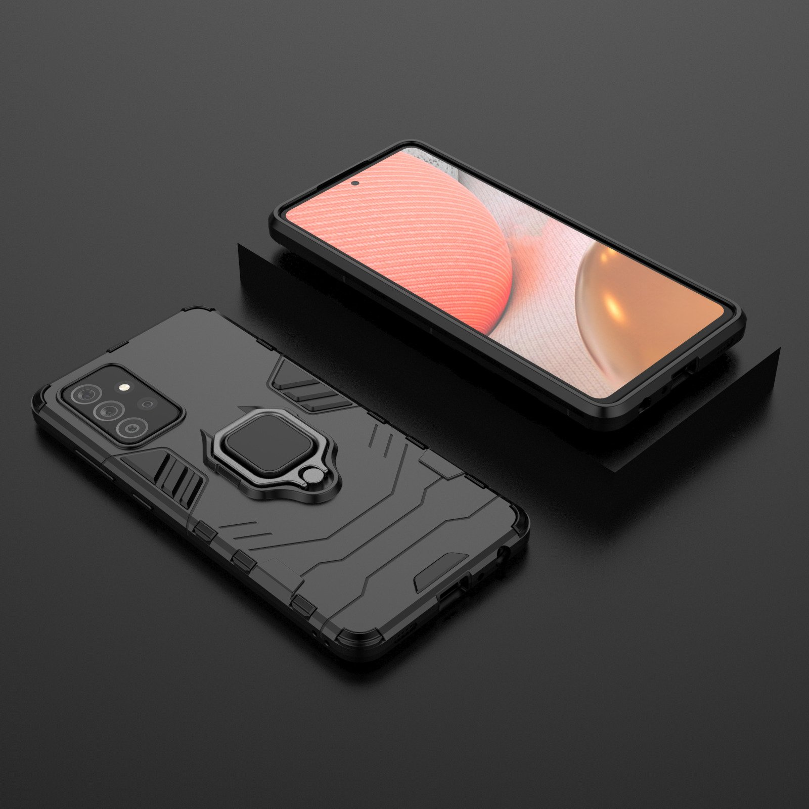 Funda negra con teléfono negro. La funda tiene un soporte de anillo, y el fondo es negro.
