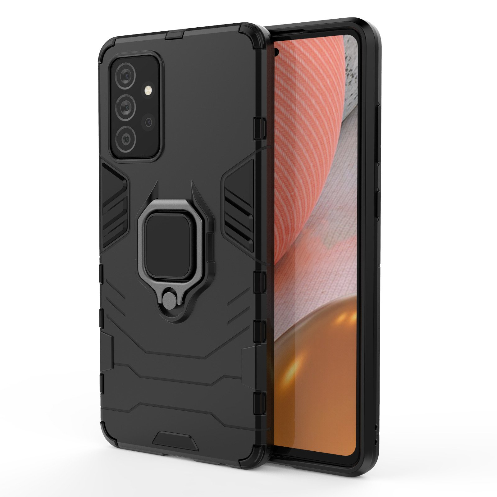 Funda negra para teléfono con soporte de anillo. El teléfono es parcialmente visible. Negro sólido, fondo blanco.