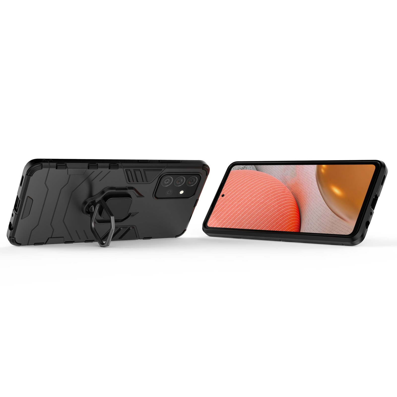 Dos fundas de teléfono negras. Una sostiene un teléfono. La otra está vacía. Ambas están sobre fondo blanco.