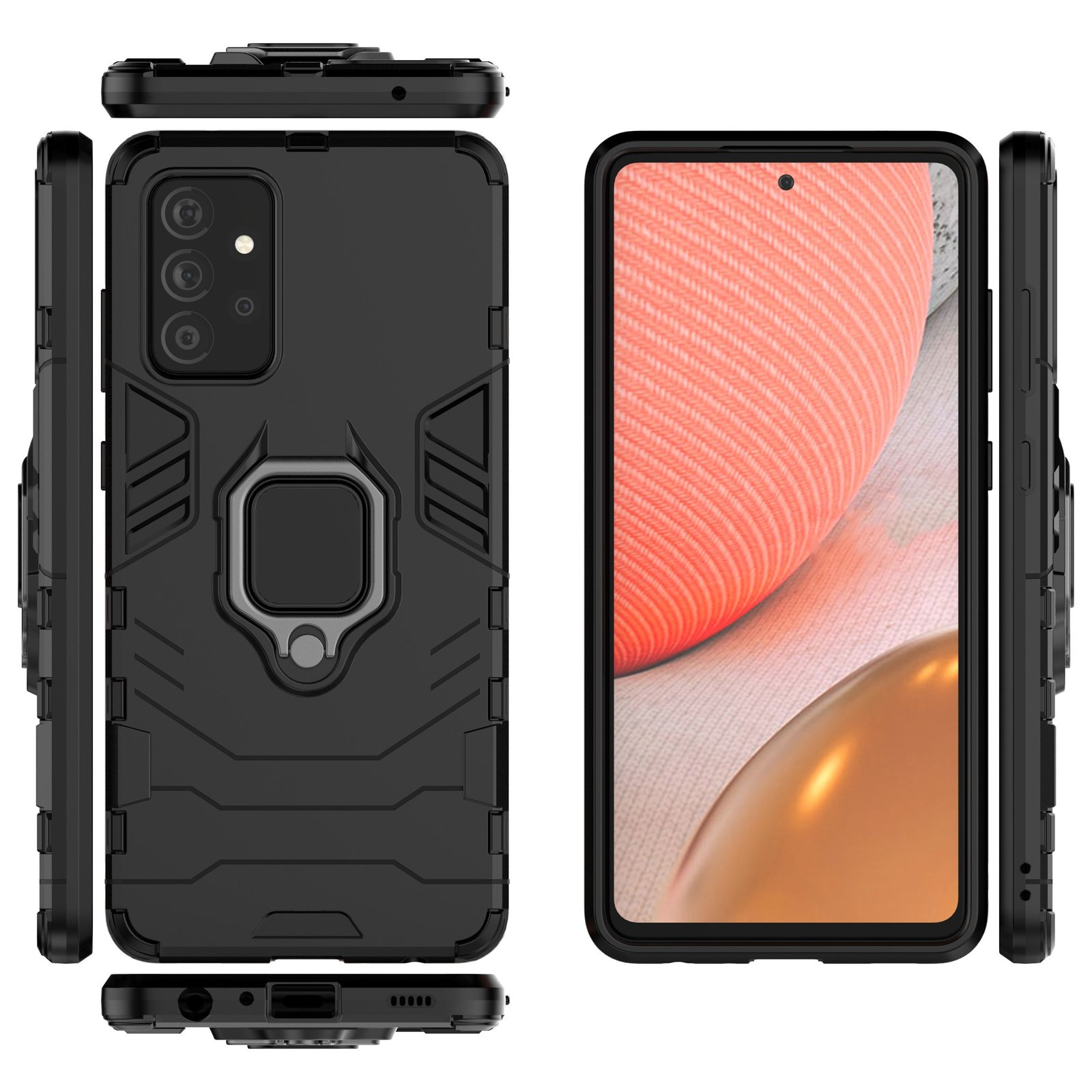 Funda negra para teléfono con soporte de anillo y recorte de cámara sobre fondo blanco. Vista frontal y lateral.