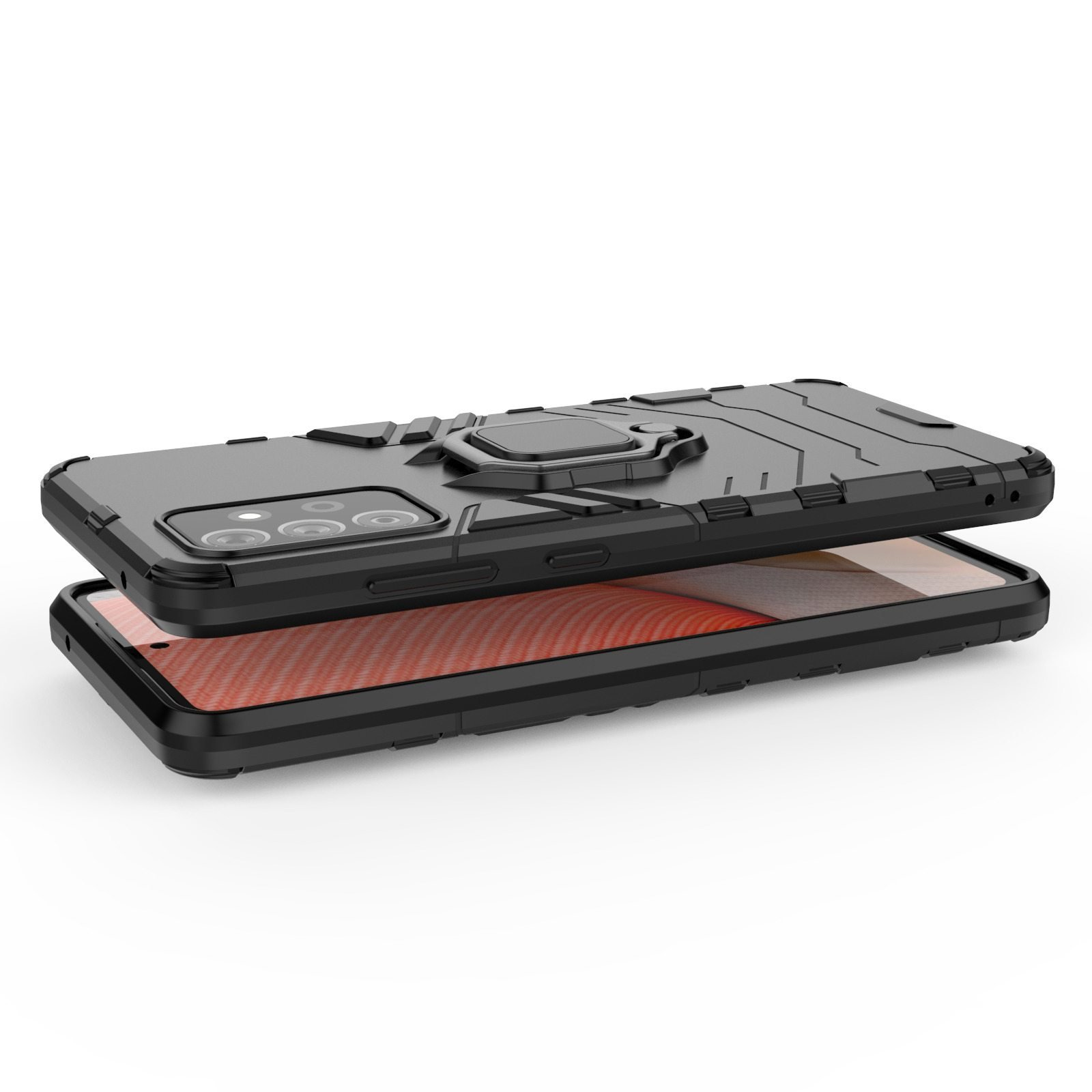 Funda negra para teléfono con soporte de anillo. El teléfono está abierto, mostrando pantalla con imagen roja y naranja.