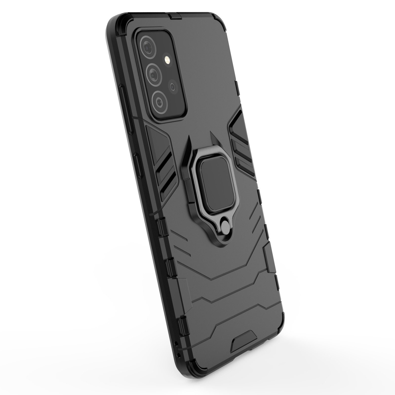 Funda de teléfono negra con soporte de anillo. Tiene una parte trasera texturizada y un bulto para la cámara.