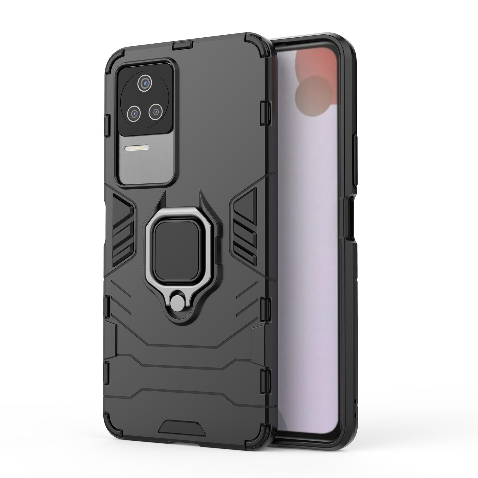 Funda de teléfono negra con un teléfono dentro. Tiene un soporte de anillo y un diseño texturizado.