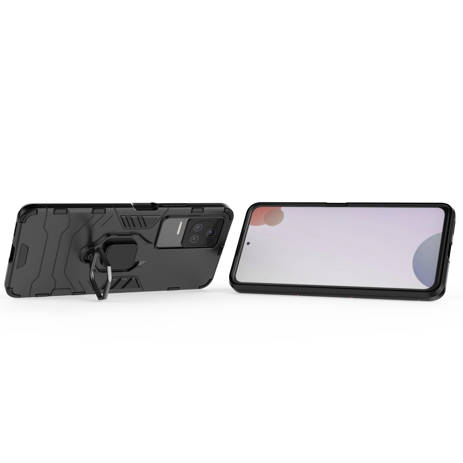 Funda de teléfono negra con soporte de anillo. Una funda está abierta para revelar un teléfono.