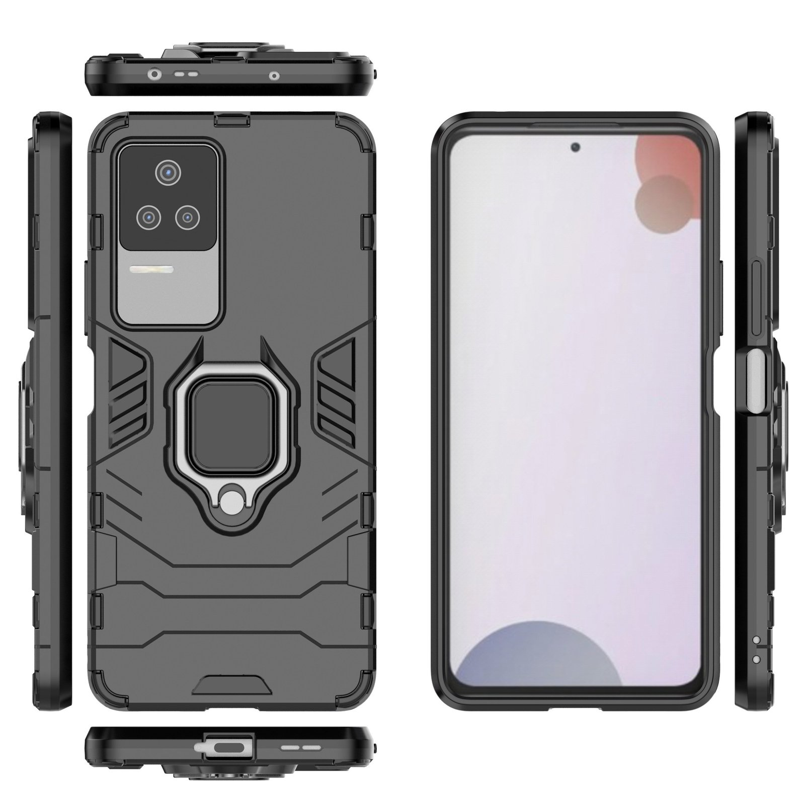 Una funda negra para teléfono con soporte de anillo. La funda tiene una cubierta de cámara y un diseño robusto.