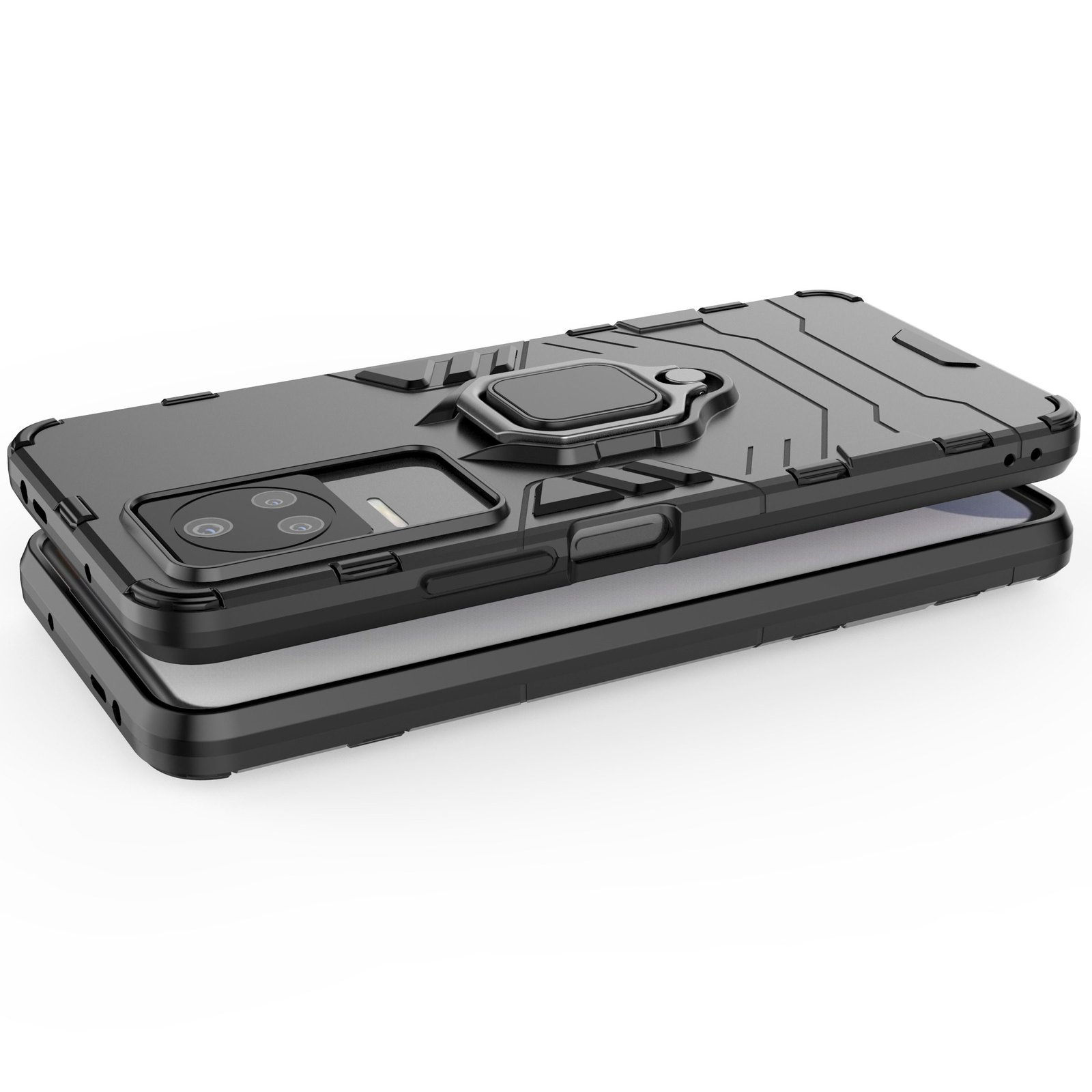 Funda de teléfono negra con soporte de anillo sobre fondo blanco.