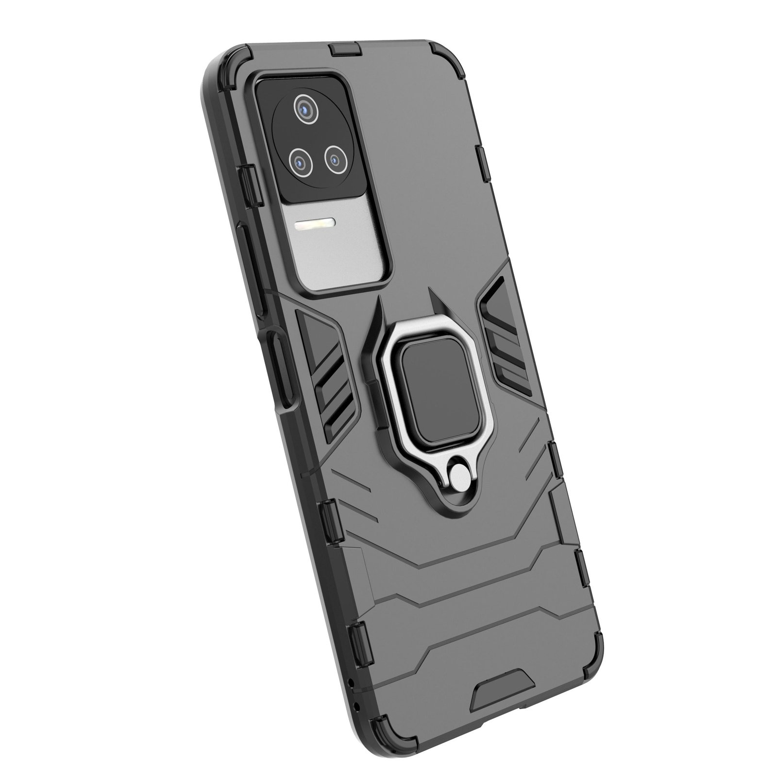 Una funda gris para teléfono con un soporte de anillo y recortes para la cámara, ligeramente en ángulo.