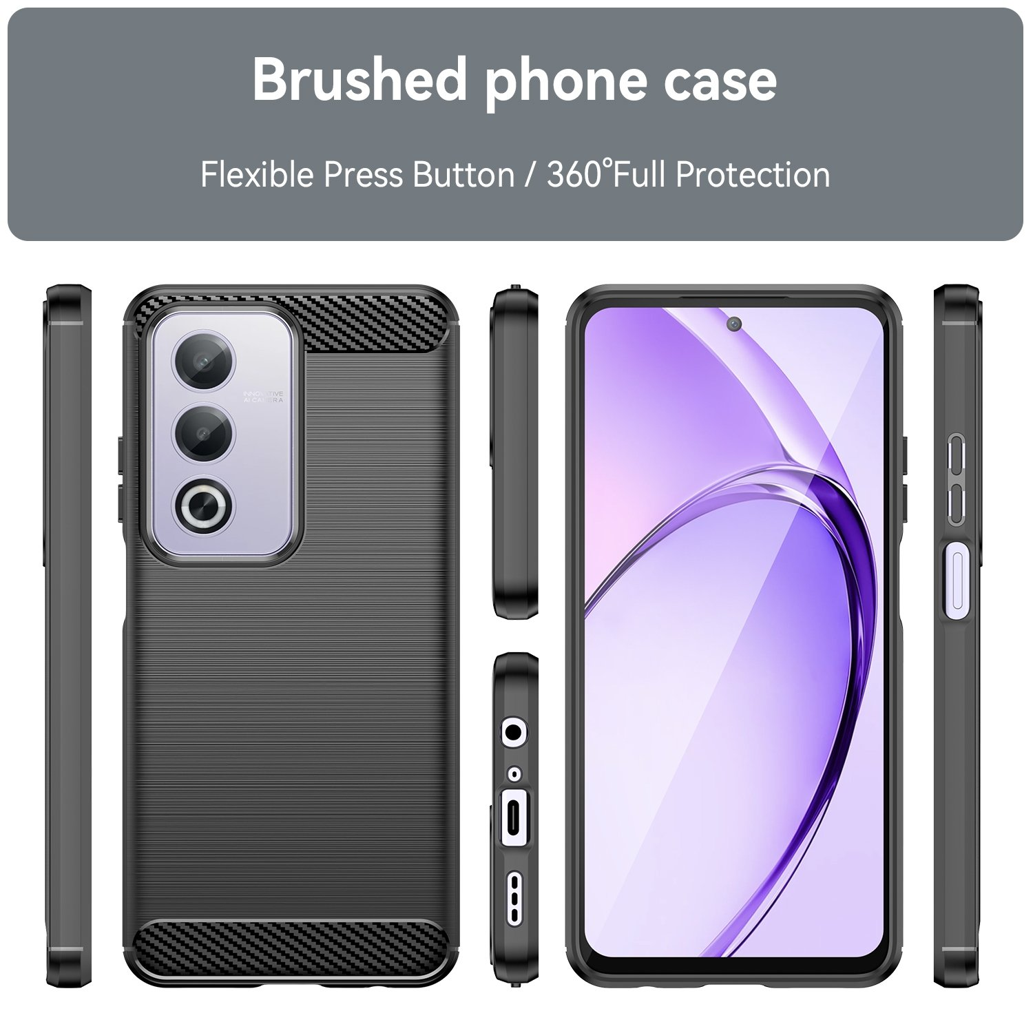 Funda de teléfono con parte trasera texturizada. Varias vistas muestran la funda.