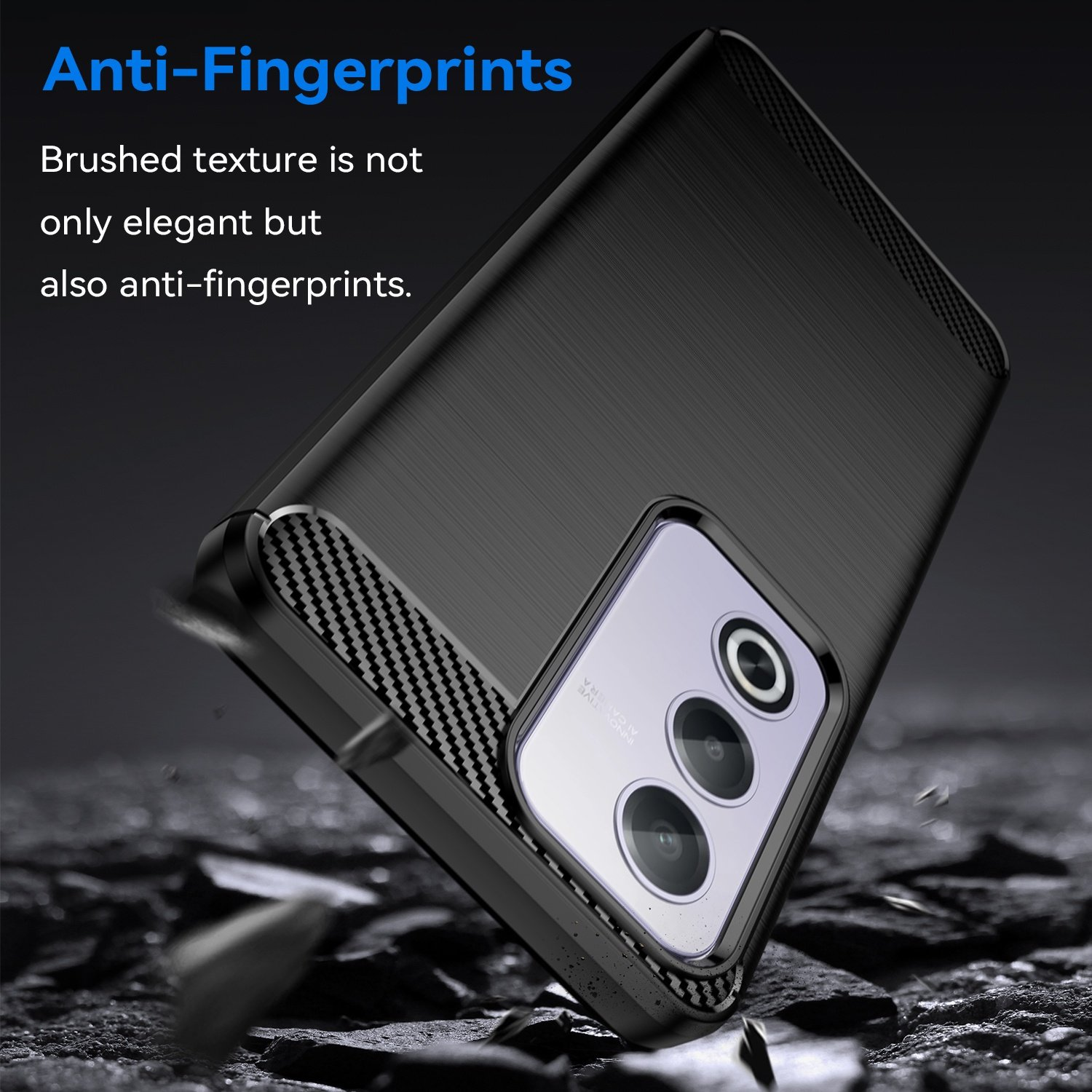 Funda negra para teléfono con textura cepillada y texto sobre características anti-huellas.