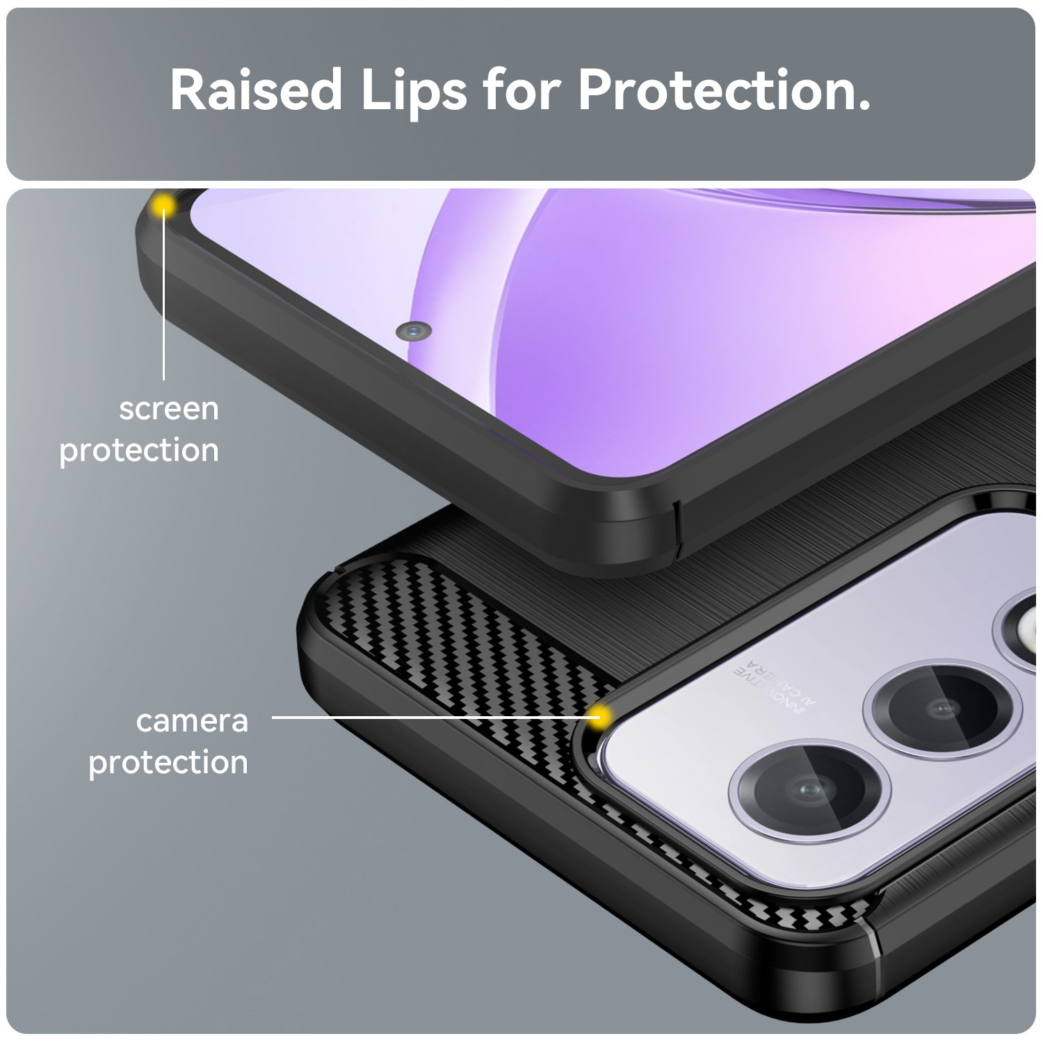Primer plano de una funda de teléfono que muestra las características de protección de pantalla y cámara.