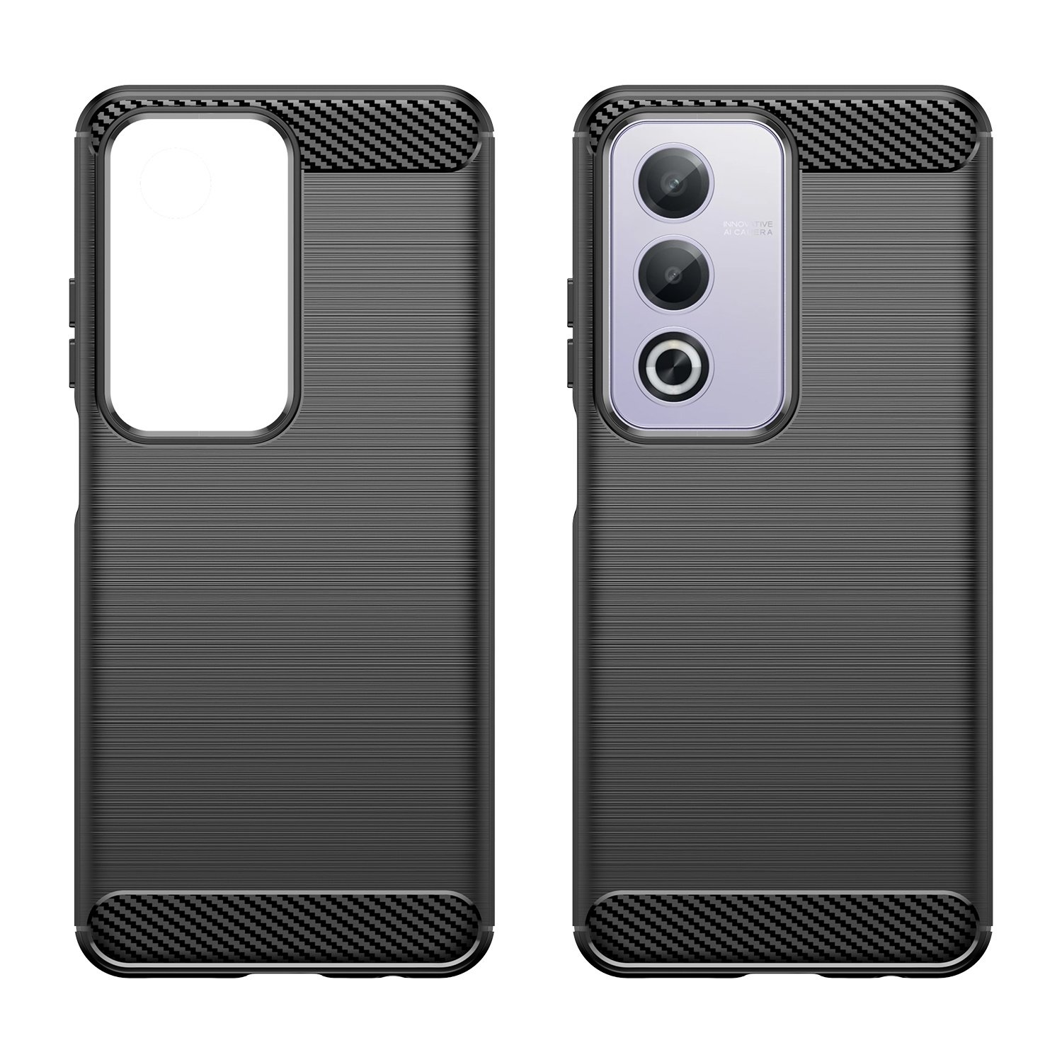 Fundas de teléfono, dos fundas negras con diseño texturizado. Una muestra la parte trasera, la otra la delantera.