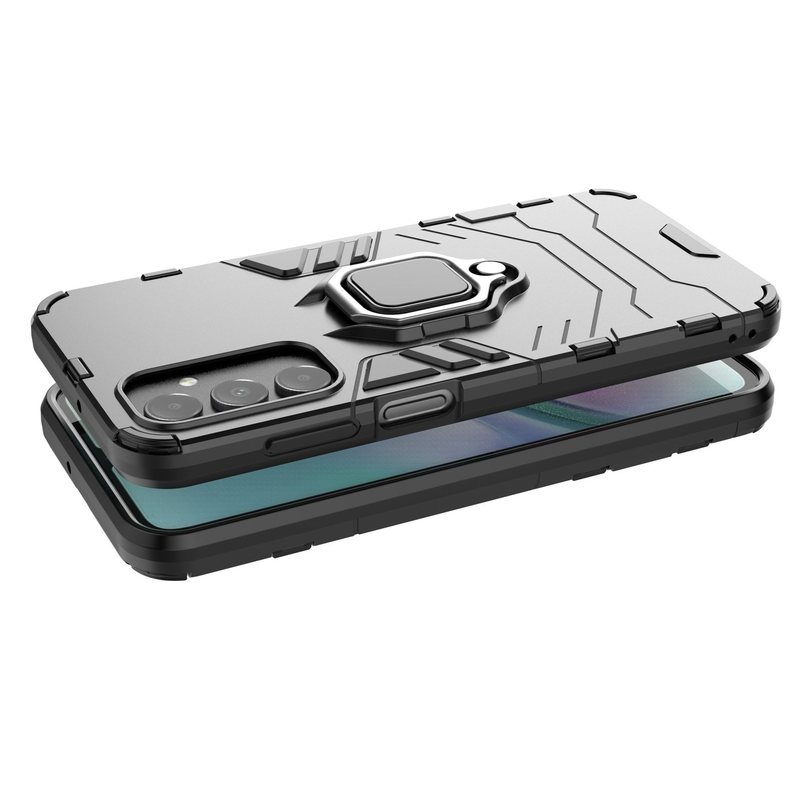 Funda de teléfono negra y plateada en un teléfono. La funda tiene un soporte de anillo y diseño protector.