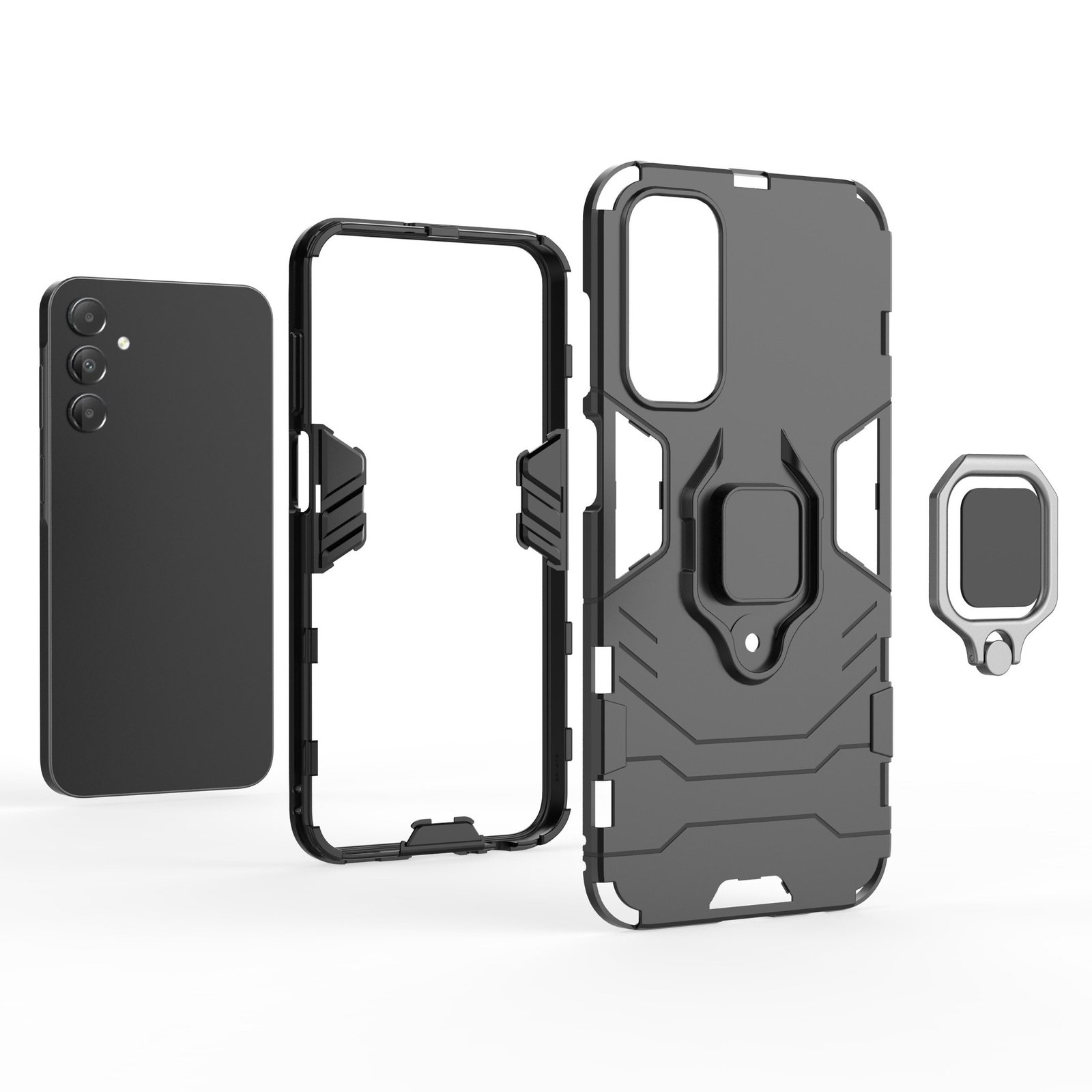 Componentes de la funda del teléfono. Teléfono negro, marco, funda protectora y soporte de anillo, todos separados en una superficie blanca.