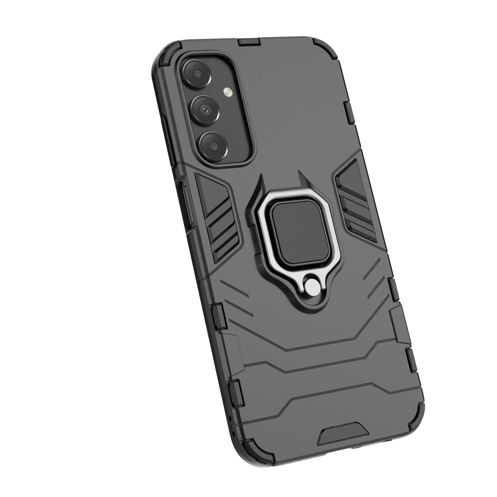Funda de teléfono negra con soporte de anillo, en ángulo. La funda tiene un diseño texturizado y un relieve de cámara.