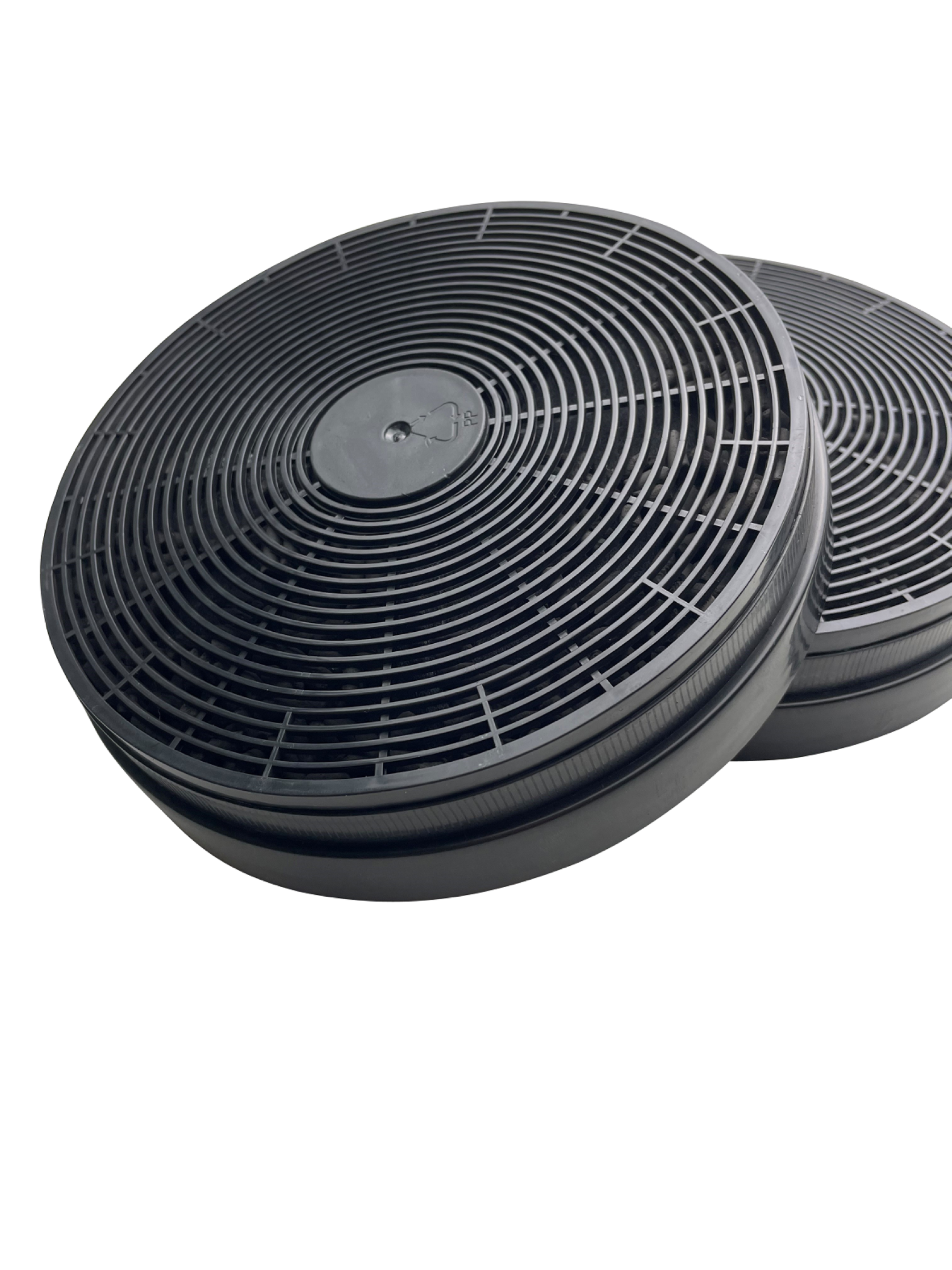 Two black, circular filters with a ridged design. They are placed on a white background.