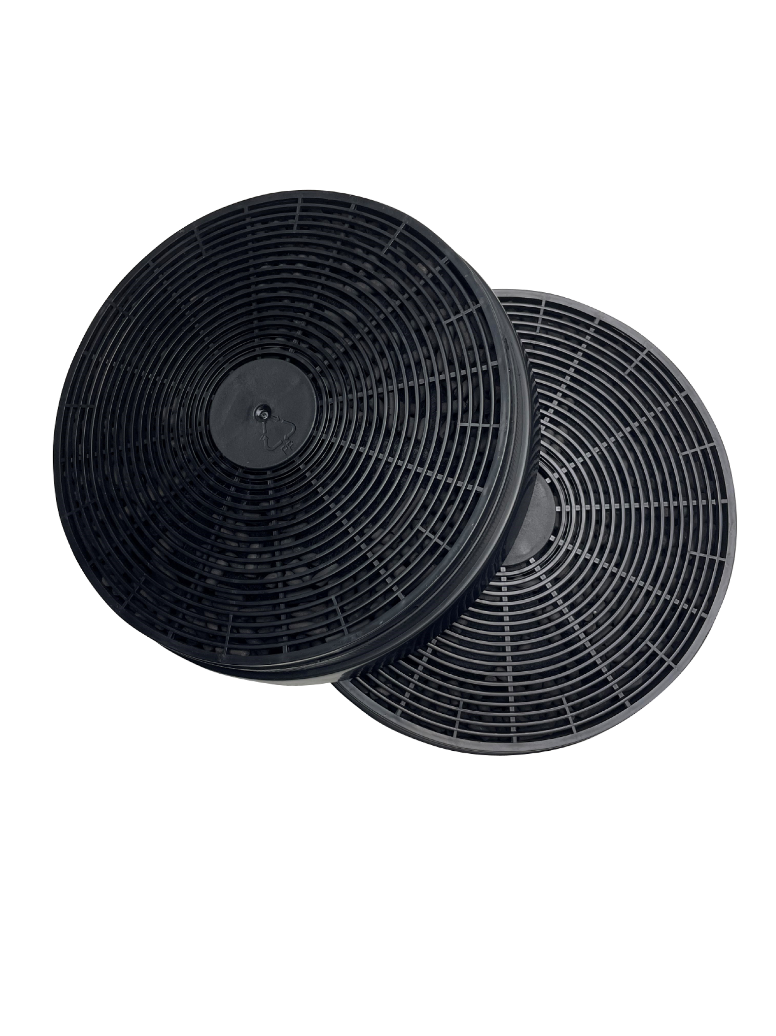Two black circular carbon filters with a grid pattern. Angled view.