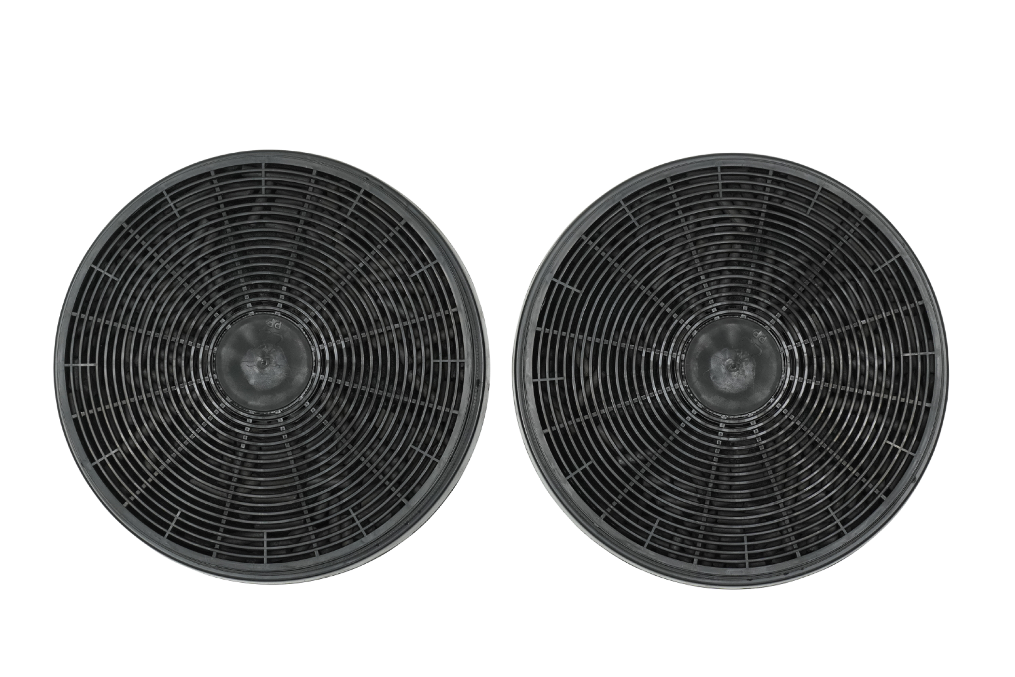 Two circular black air filters with radial patterns. The filters are side-by-side on a white background.
