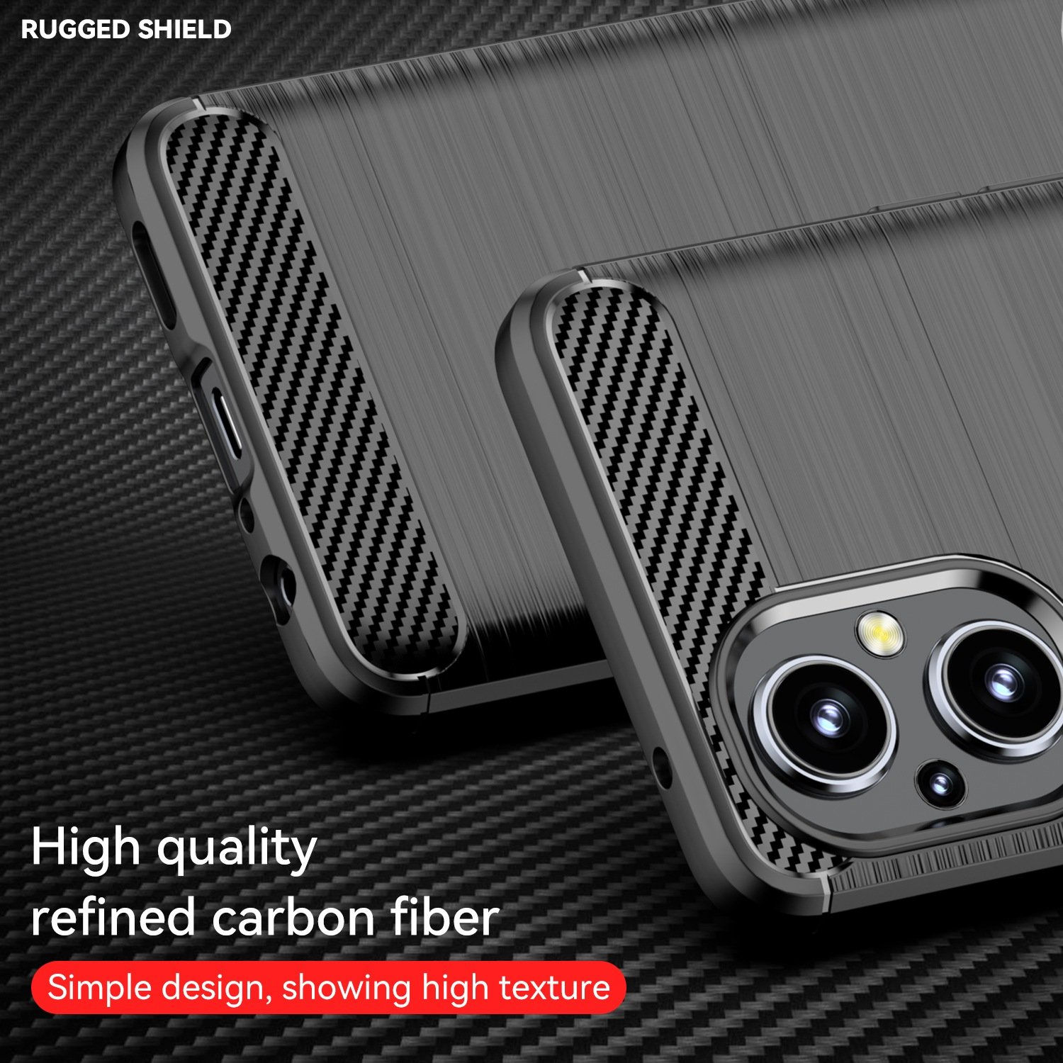 Funda negra para teléfono con textura de fibra de carbono, texto: Rugged Shield, Fibra de carbono refinada.