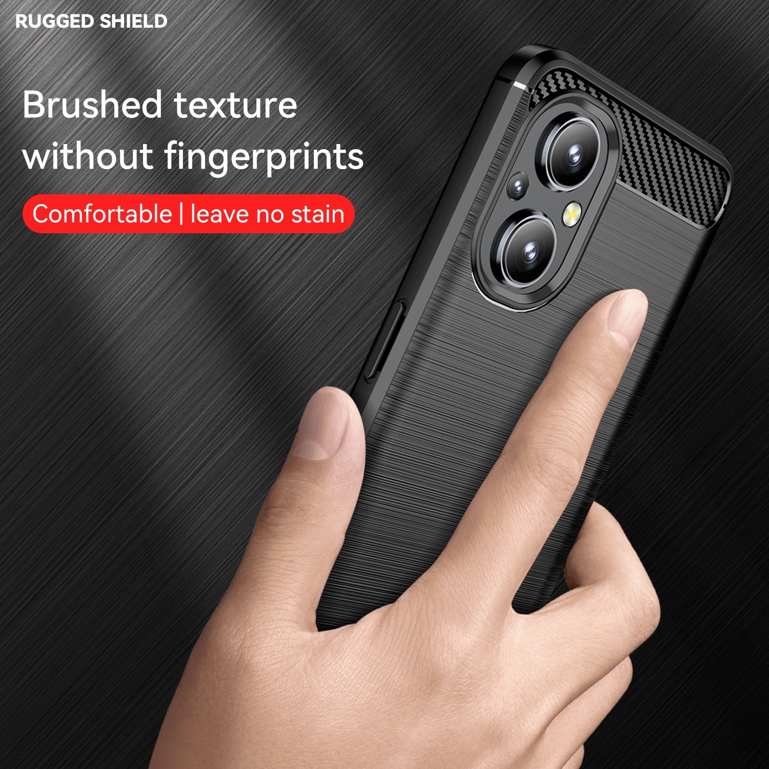 Funda de teléfono negra con textura cepillada y mano sujetándola.