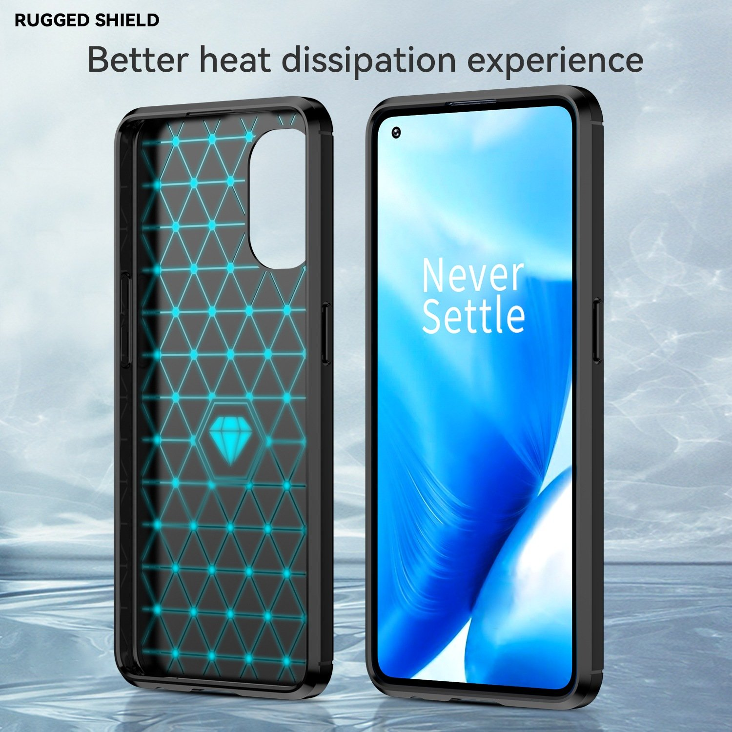 Funda de teléfono que muestra el diseño interior con un patrón de diamantes y la pantalla del teléfono con el texto 'Never Settle'.