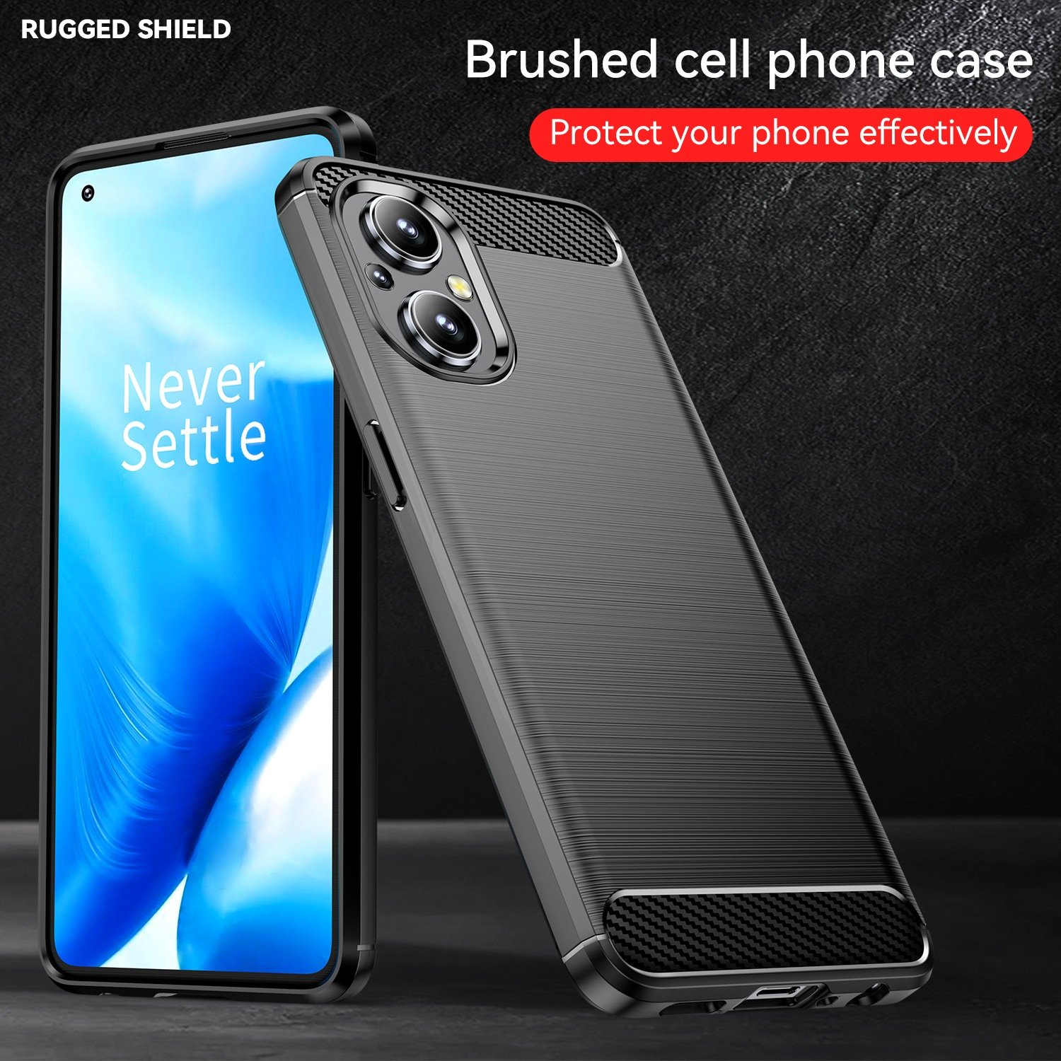 Funda negra con teléfono dentro, sobre fondo negro.