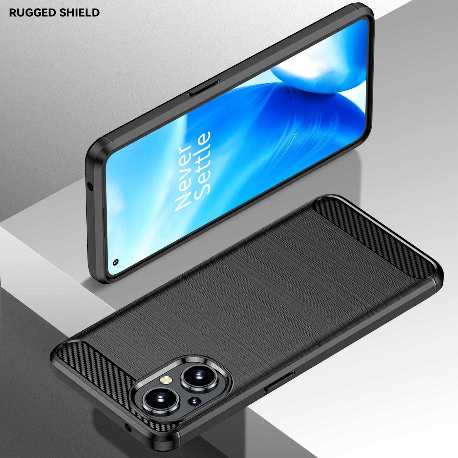 Funda de teléfono negra con el teléfono encima, con pantalla azul.