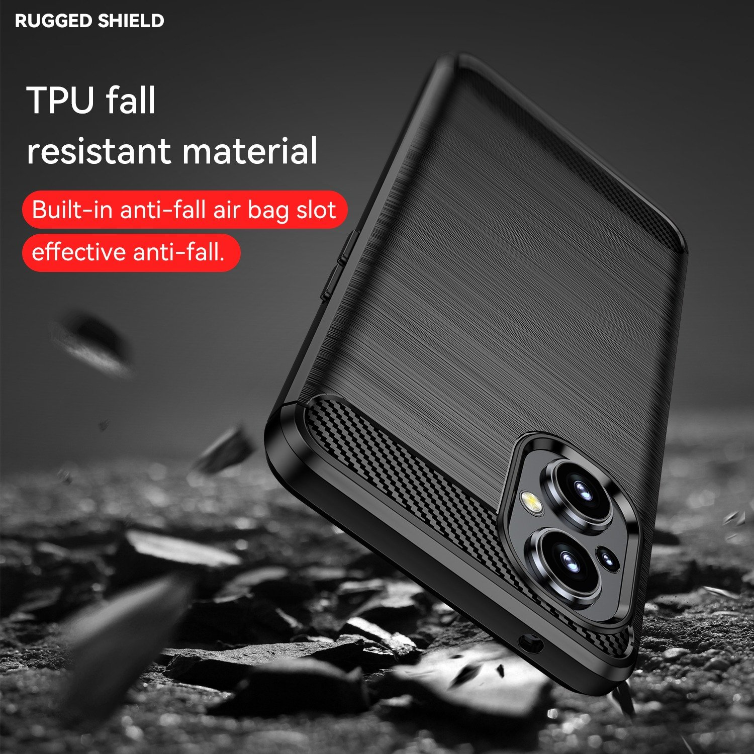 Funda de teléfono negra con texto. La funda tiene textura y protege el teléfono.