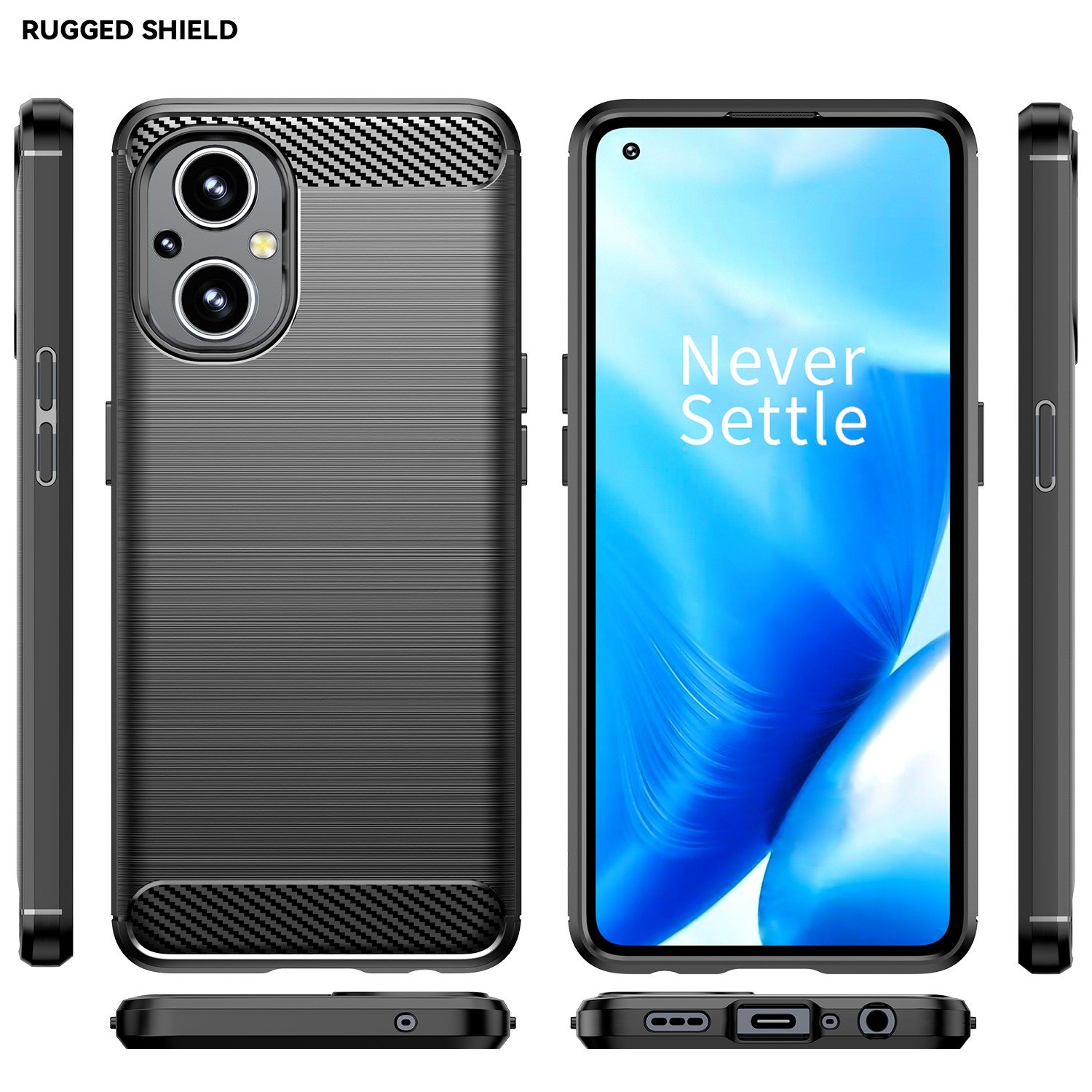 Vistas múltiples de una funda negra con parte trasera texturizada y pantalla visible.
