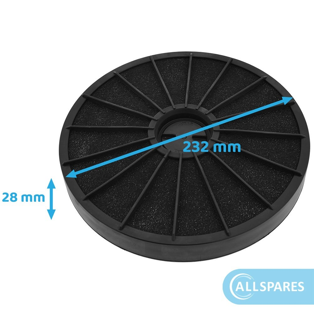 Ein runder schwarzer Aktivkohlefilter mit Abmessungen. Der Durchmesser beträgt 232 mm, die Höhe 28 mm.