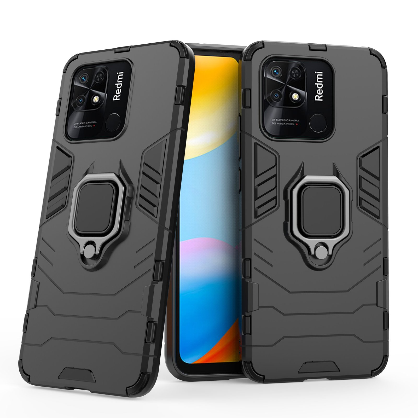 Tres fundas de teléfono negras con anillo y logo Redmi, con un teléfono amarillo dentro.