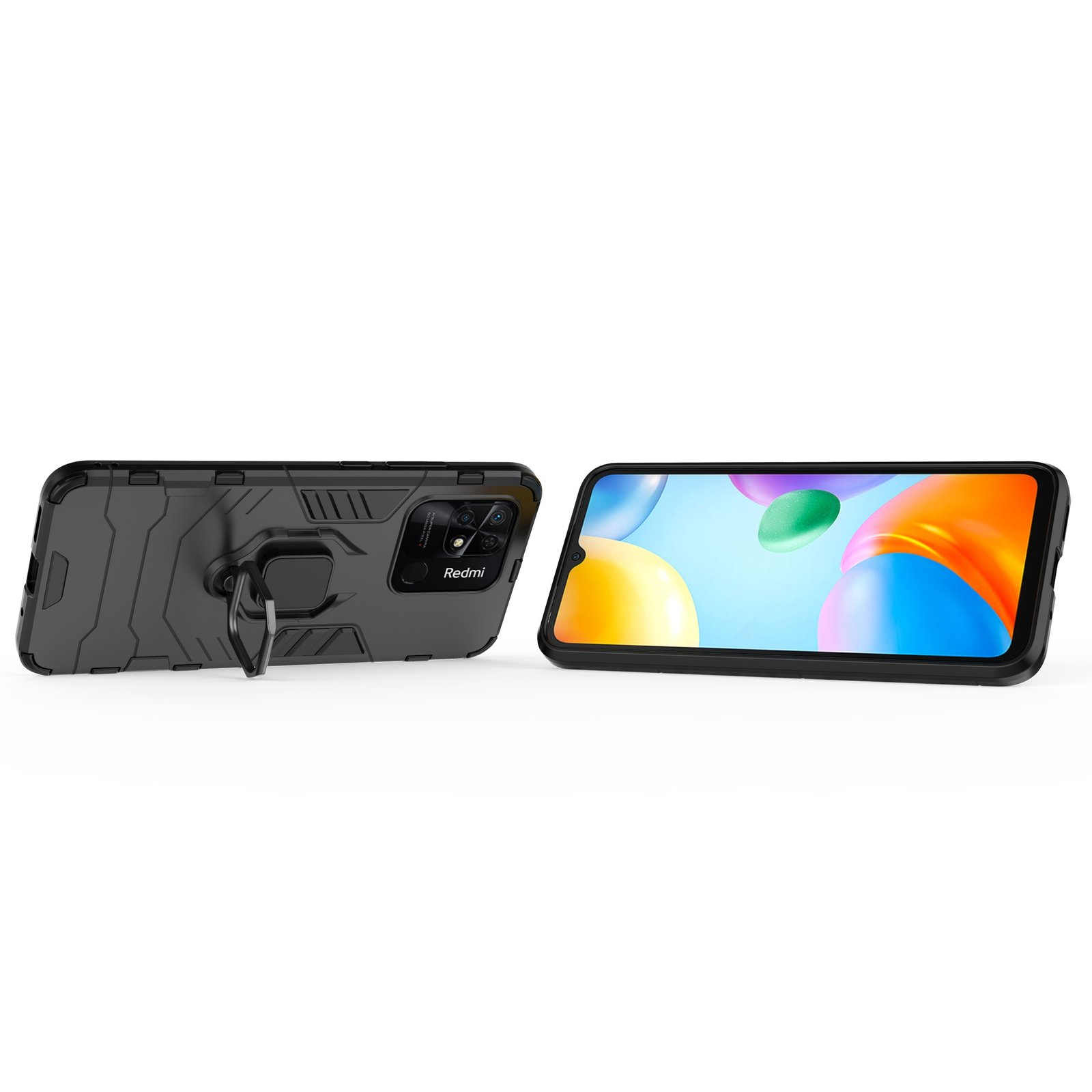Una funda de teléfono y una pantalla de teléfono, con un soporte de anillo, sobre un fondo blanco.