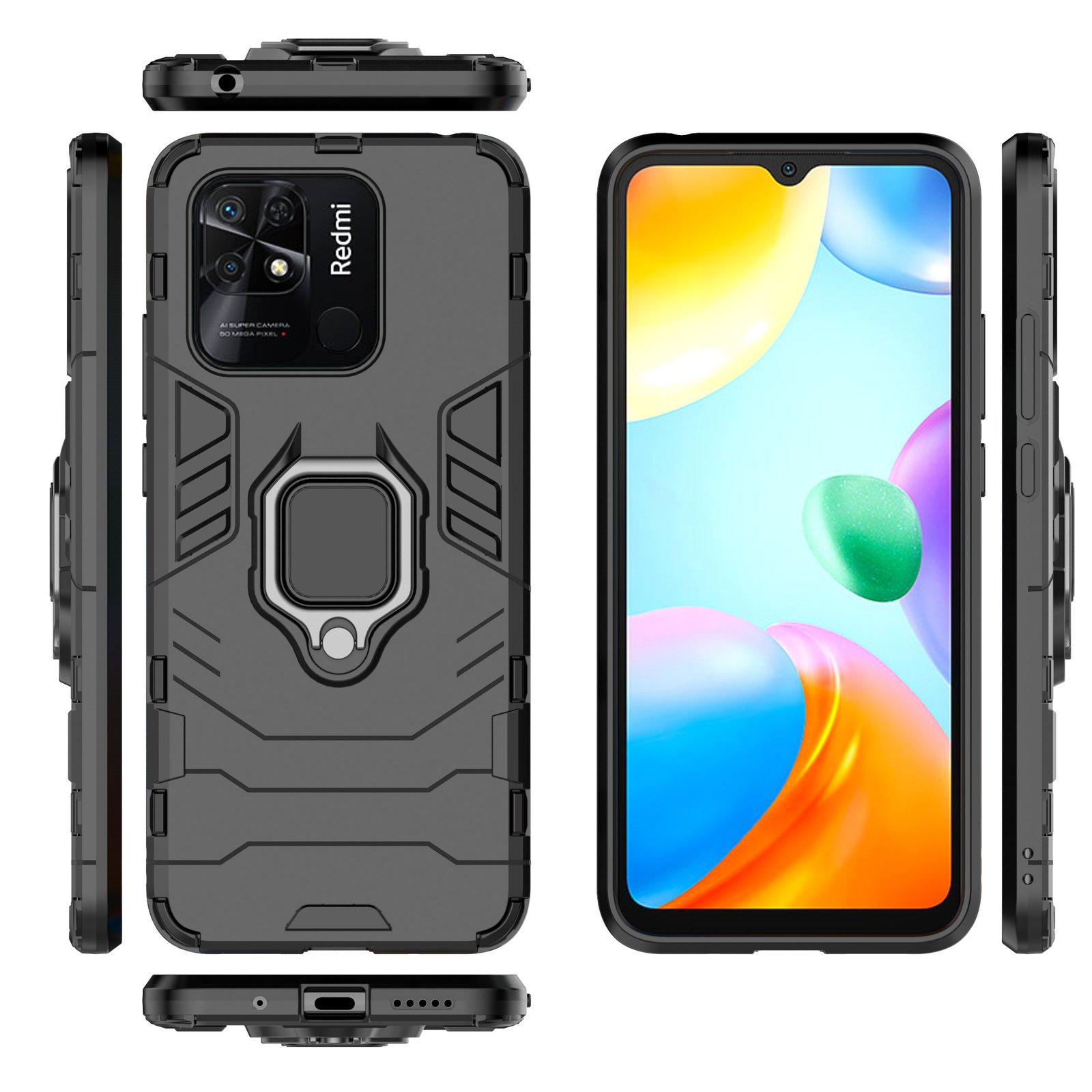 Funda de teléfono negra con soporte de anillo. El teléfono está dentro. Se muestran múltiples vistas de la funda.