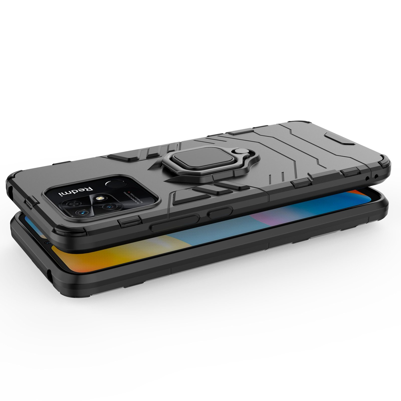 Funda negra para teléfono con soporte de anillo. El teléfono es parcialmente visible. El logo de Redmi se muestra.