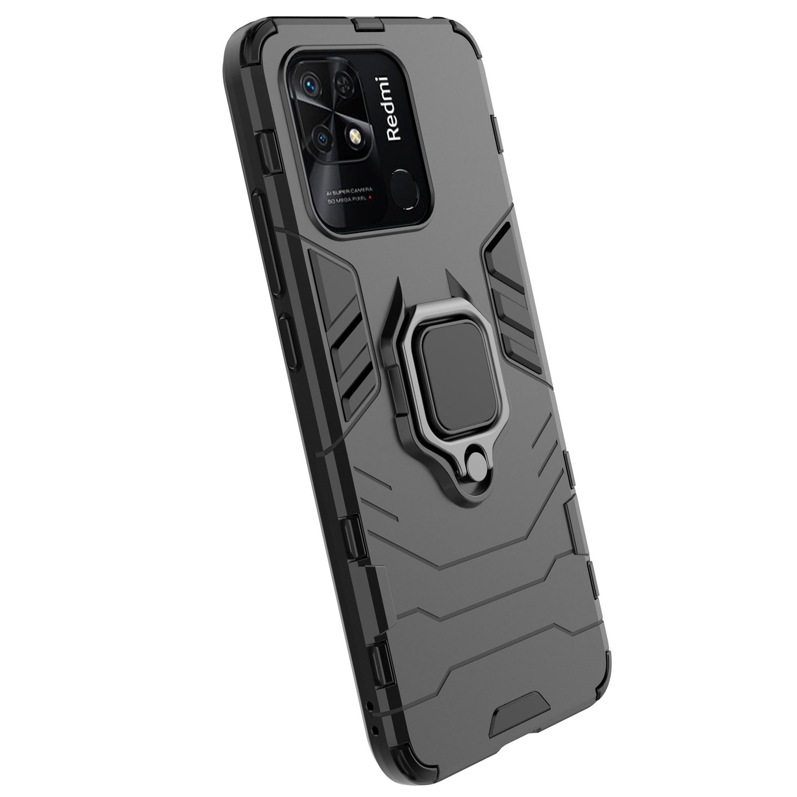 Una funda de teléfono gris con soporte de anillo y el logotipo de Redmi está en exhibición.