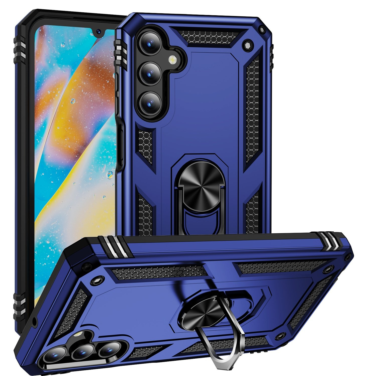 Funda de teléfono azul con soporte de anillo y protección de cámara. El teléfono está en la funda.