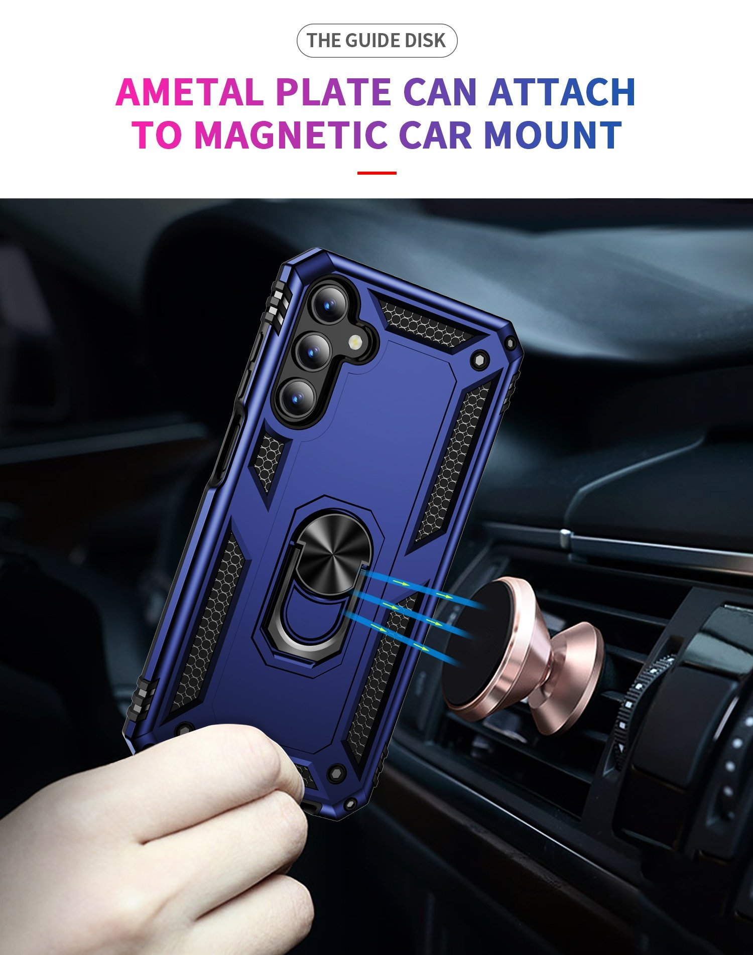 Una mano sosteniendo un teléfono en una funda azul, adjunto a un soporte magnético para automóvil.