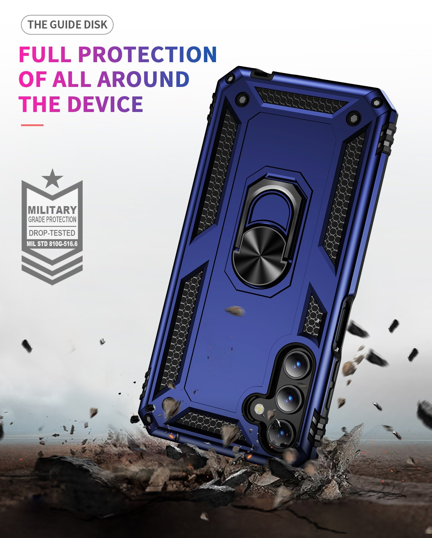 Funda azul con soporte de anillo, protección de grado militar, con texto rojo y fondo de escombros.