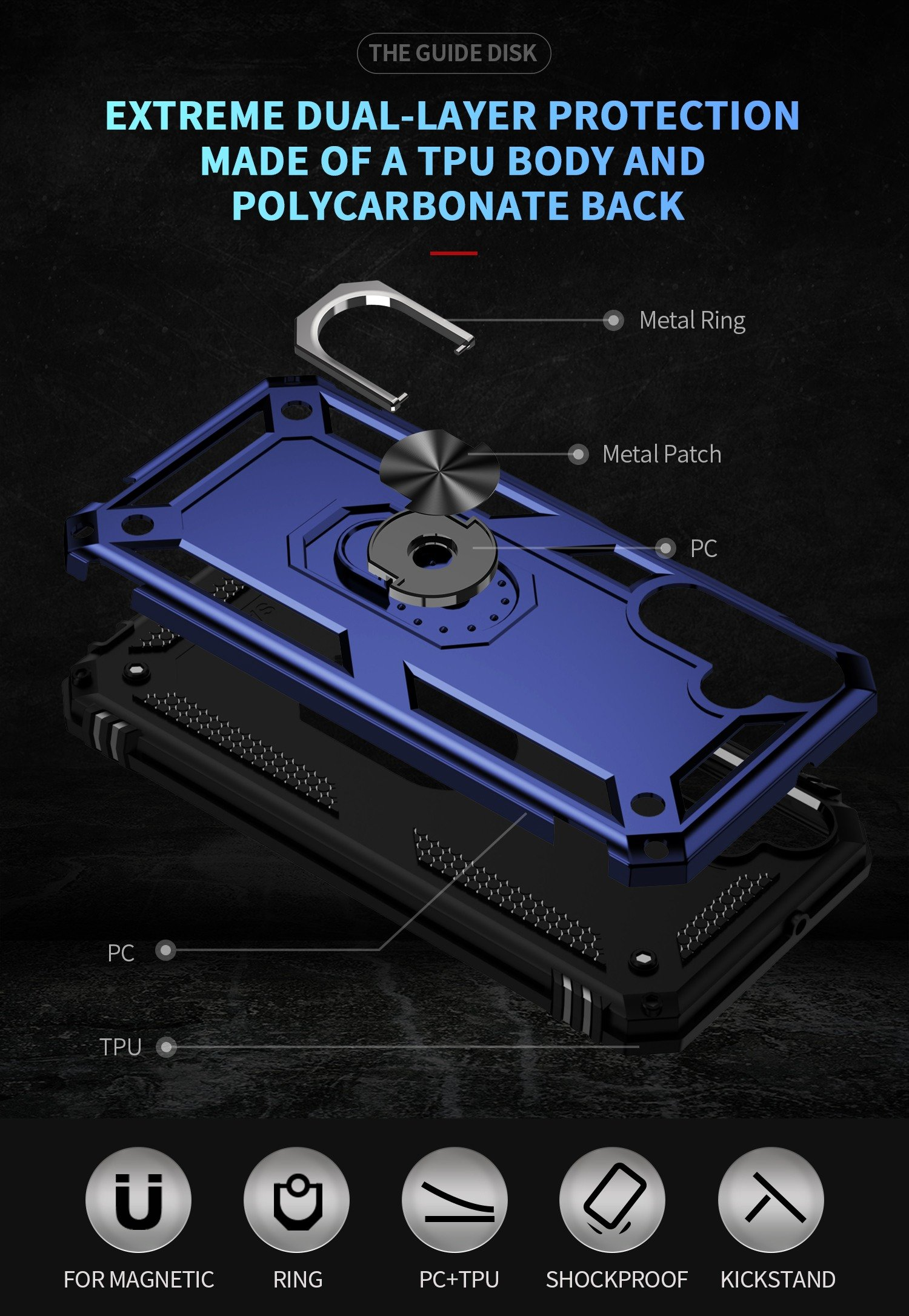 Diagrama que muestra la construcción de una funda de teléfono, con capas y características. Azul y negro.