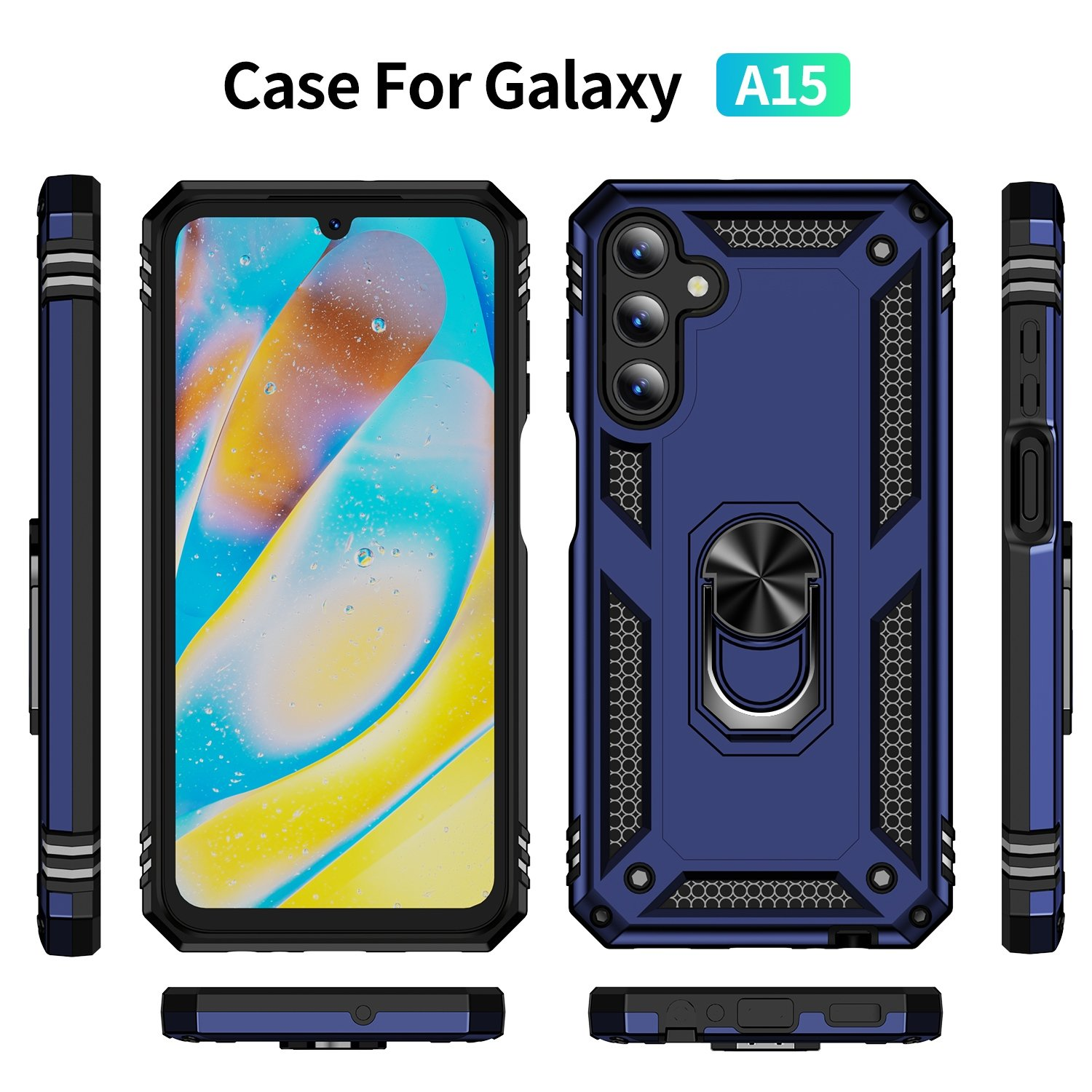 Funda para Galaxy A15. Múltiples vistas mostrando el teléfono dentro de una funda azul resistente con anillo.