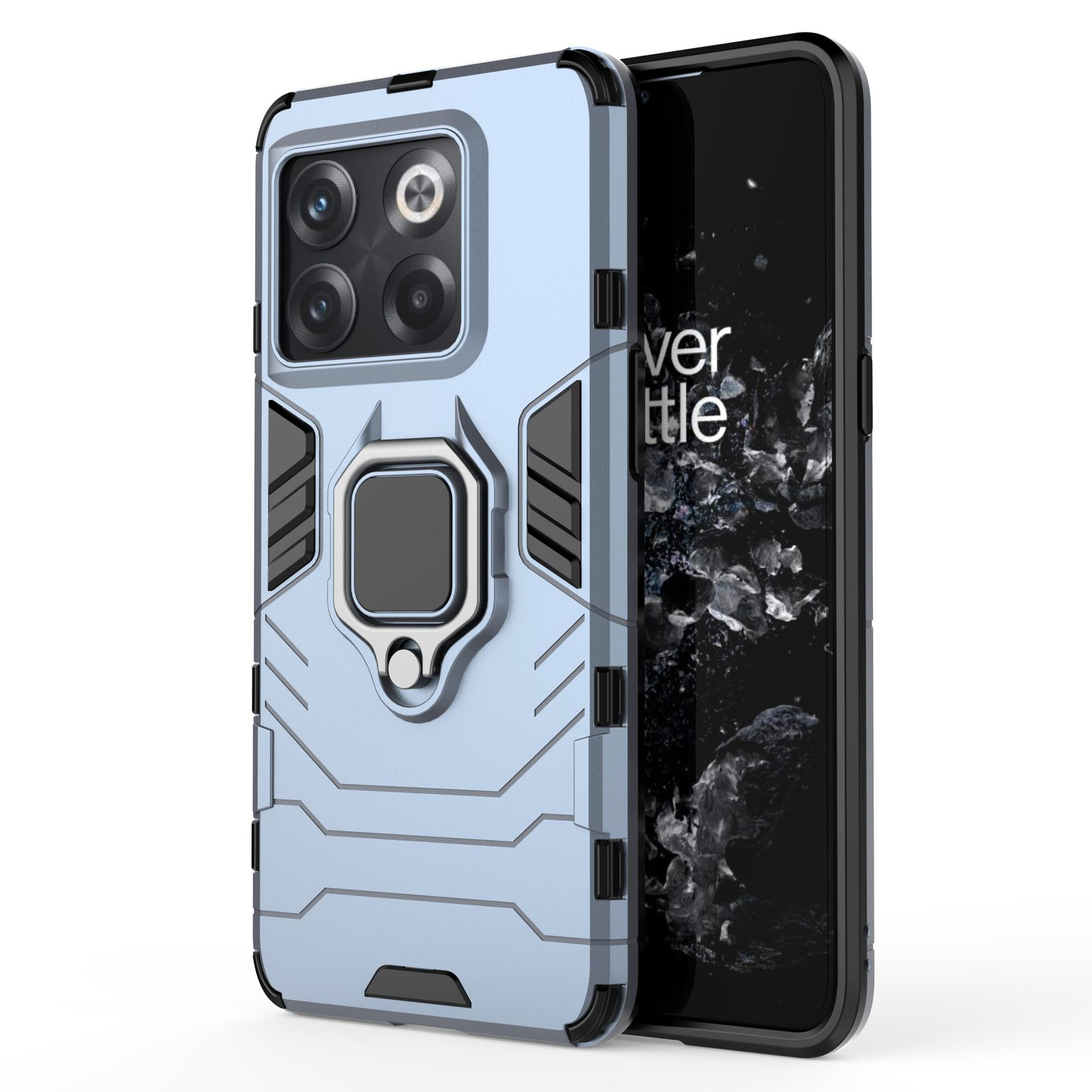 Funda azul con anillo, pantalla del teléfono visible. Fondo blanco.