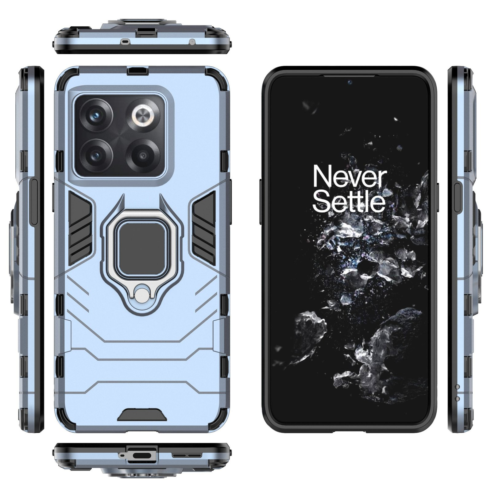 Funda de teléfono azul con anillo, múltiples vistas, mostrando los lados y la parte trasera del teléfono.
