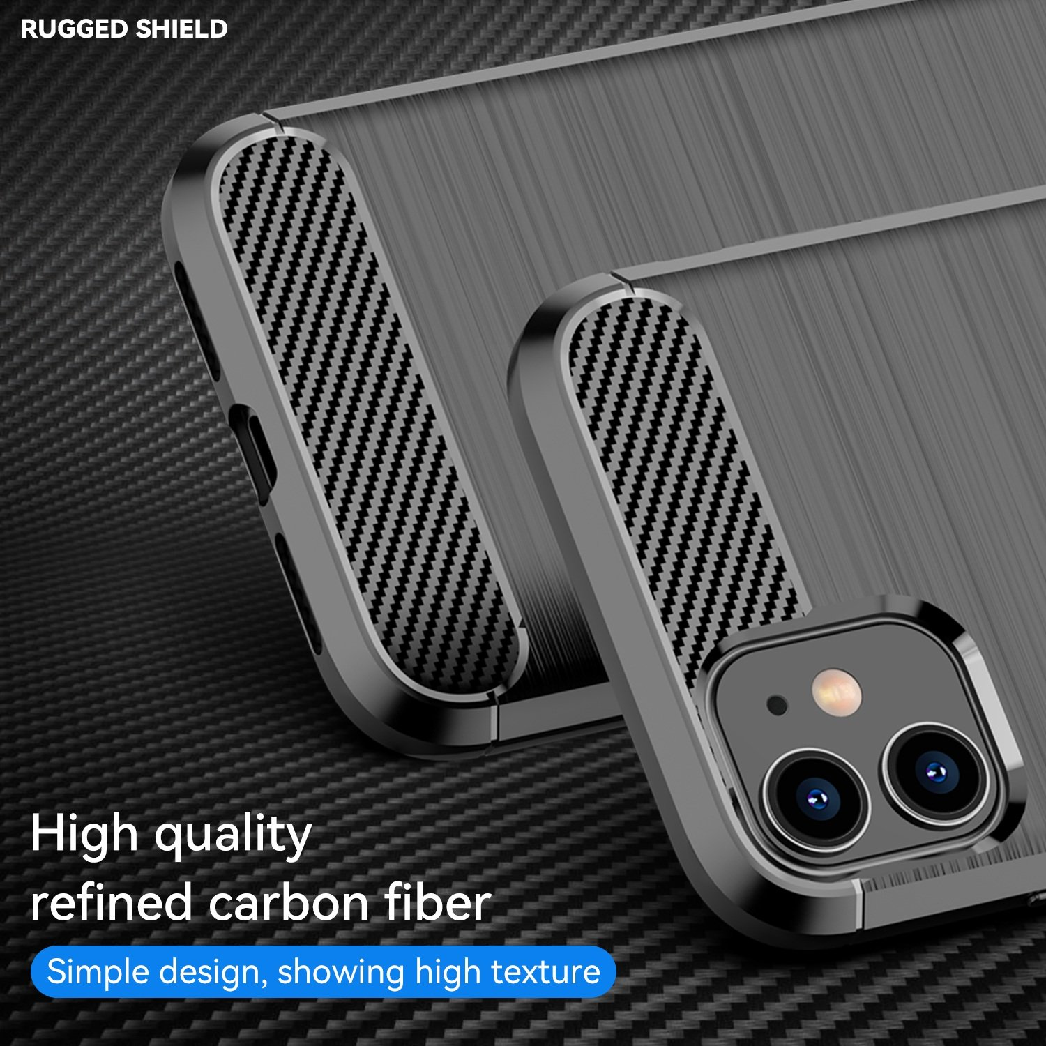 Primer plano de una funda gris con textura de fibra de carbono. La funda está sobre un fondo de fibra de carbono.